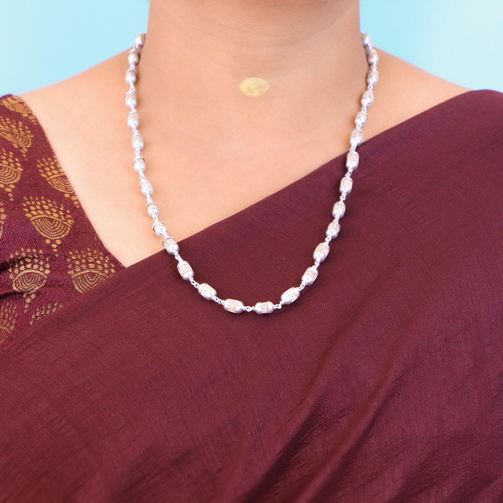  premium pure silver Tulsi Kanthi Mala with carved cylindrical wood beads