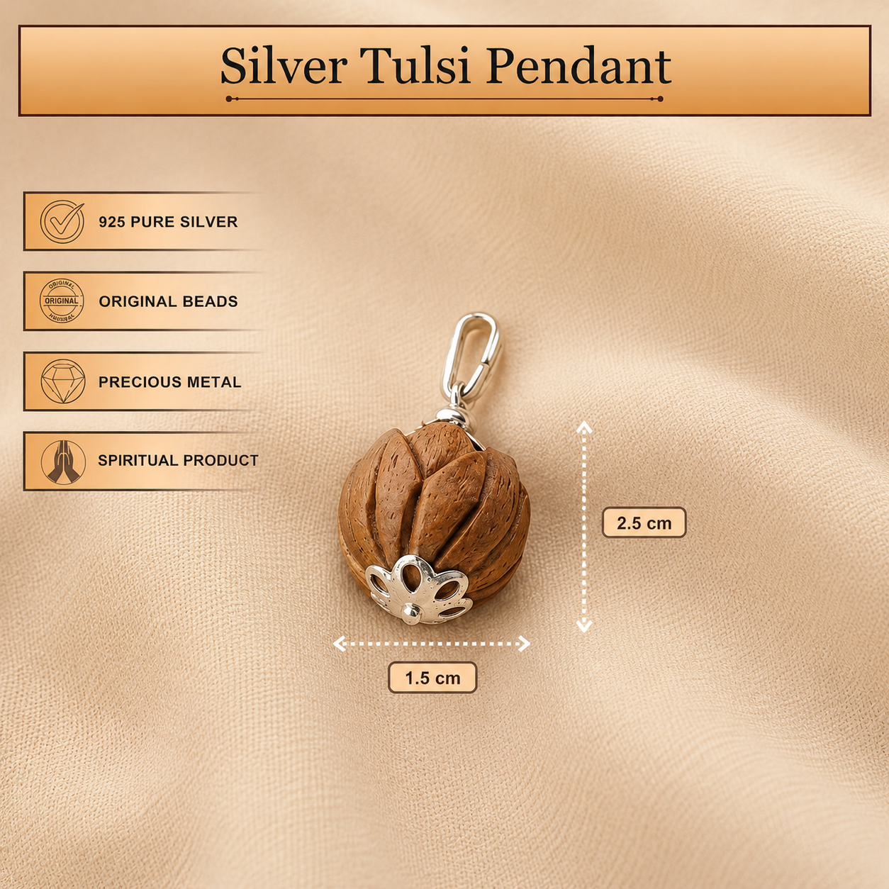 Size and dimension details of the pure silver Tulsi lotus pendant