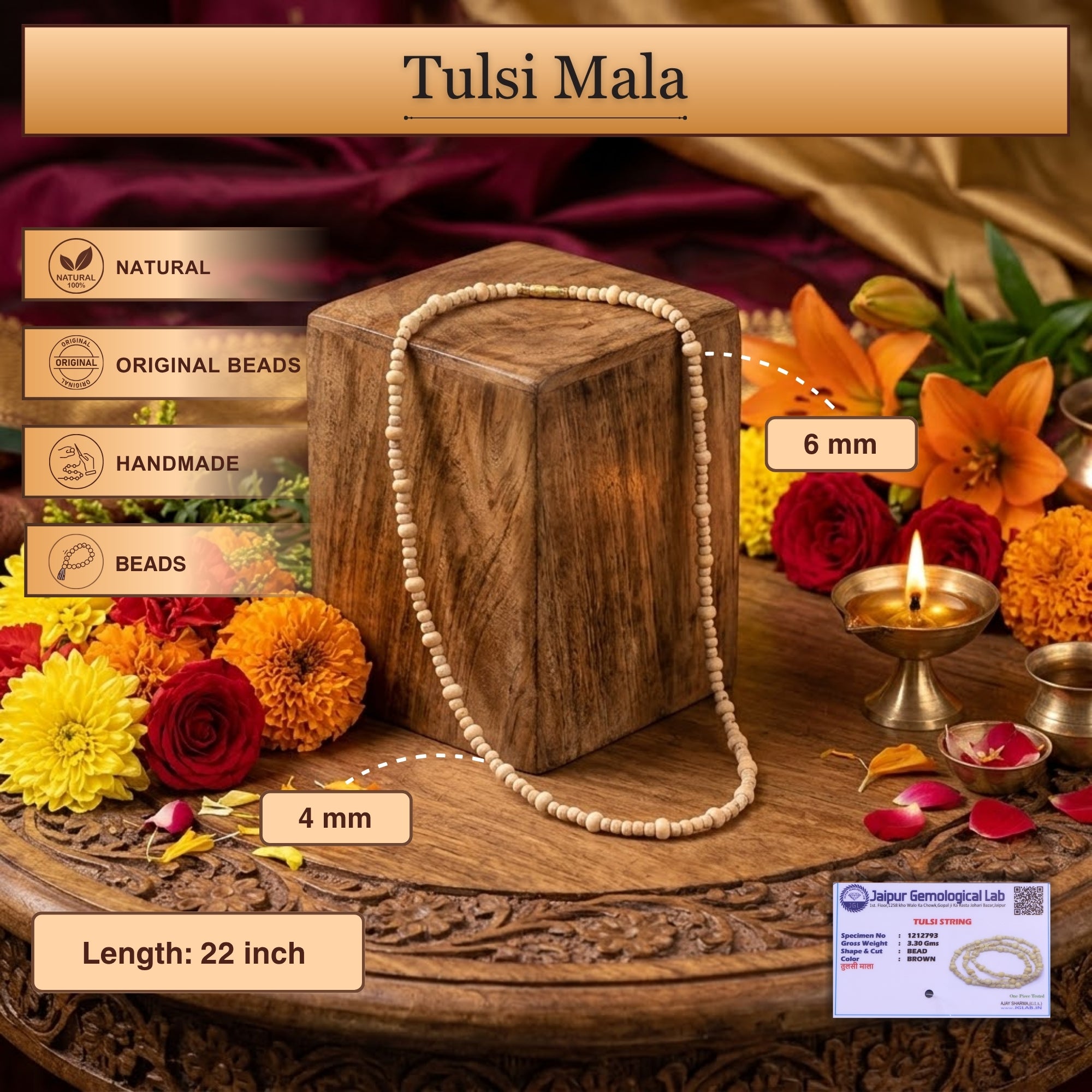 Size and material details of the authentic traditional Mathura Tulsi kanthi mala