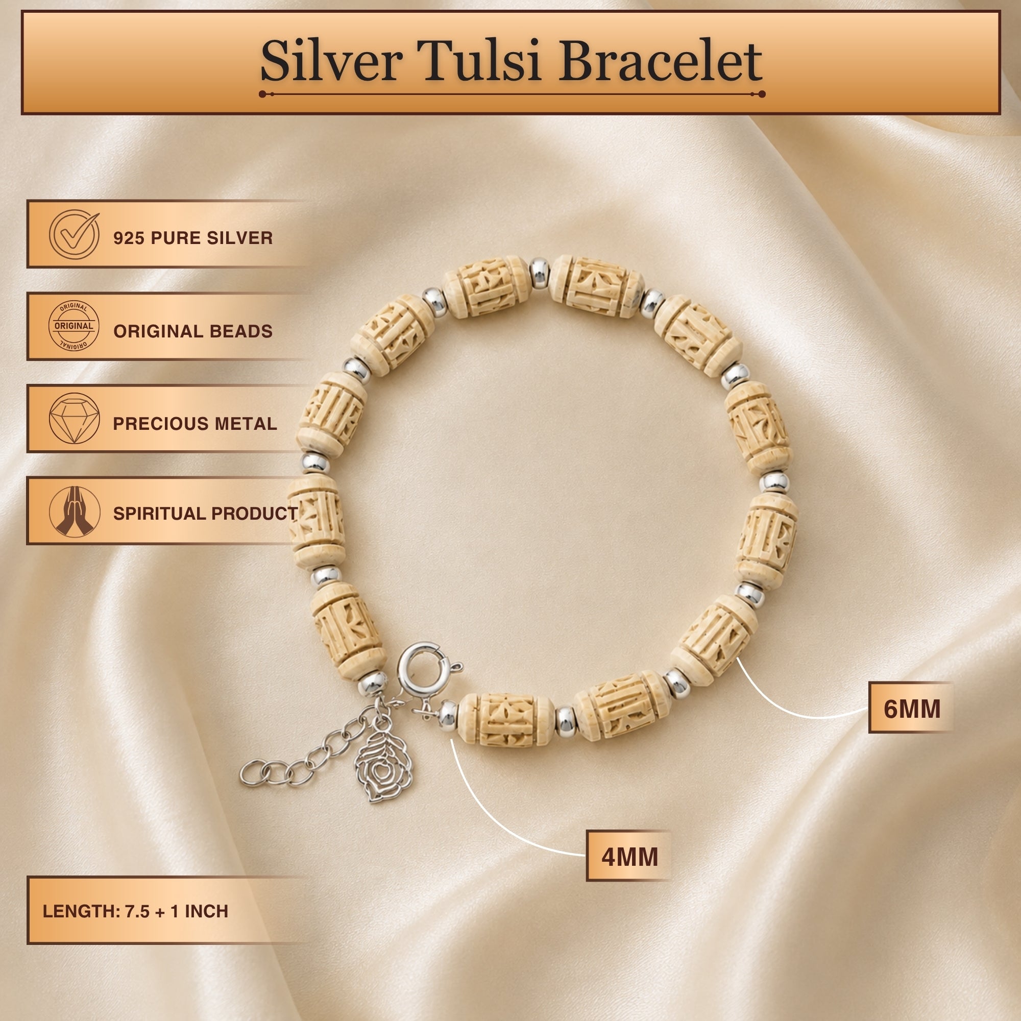 Size and length dimensions of the pure Tulsi bead bracelet with a silver peacock feather charm