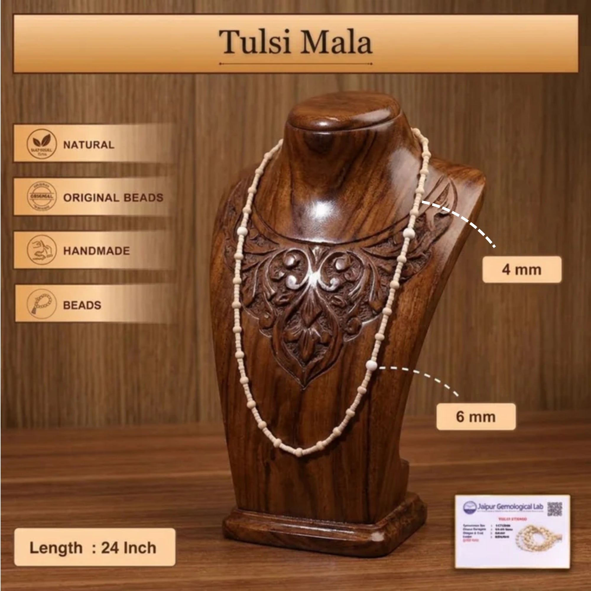 Certified pure wood Tulsi kanthi mala displayed on a wooden jewelry stand