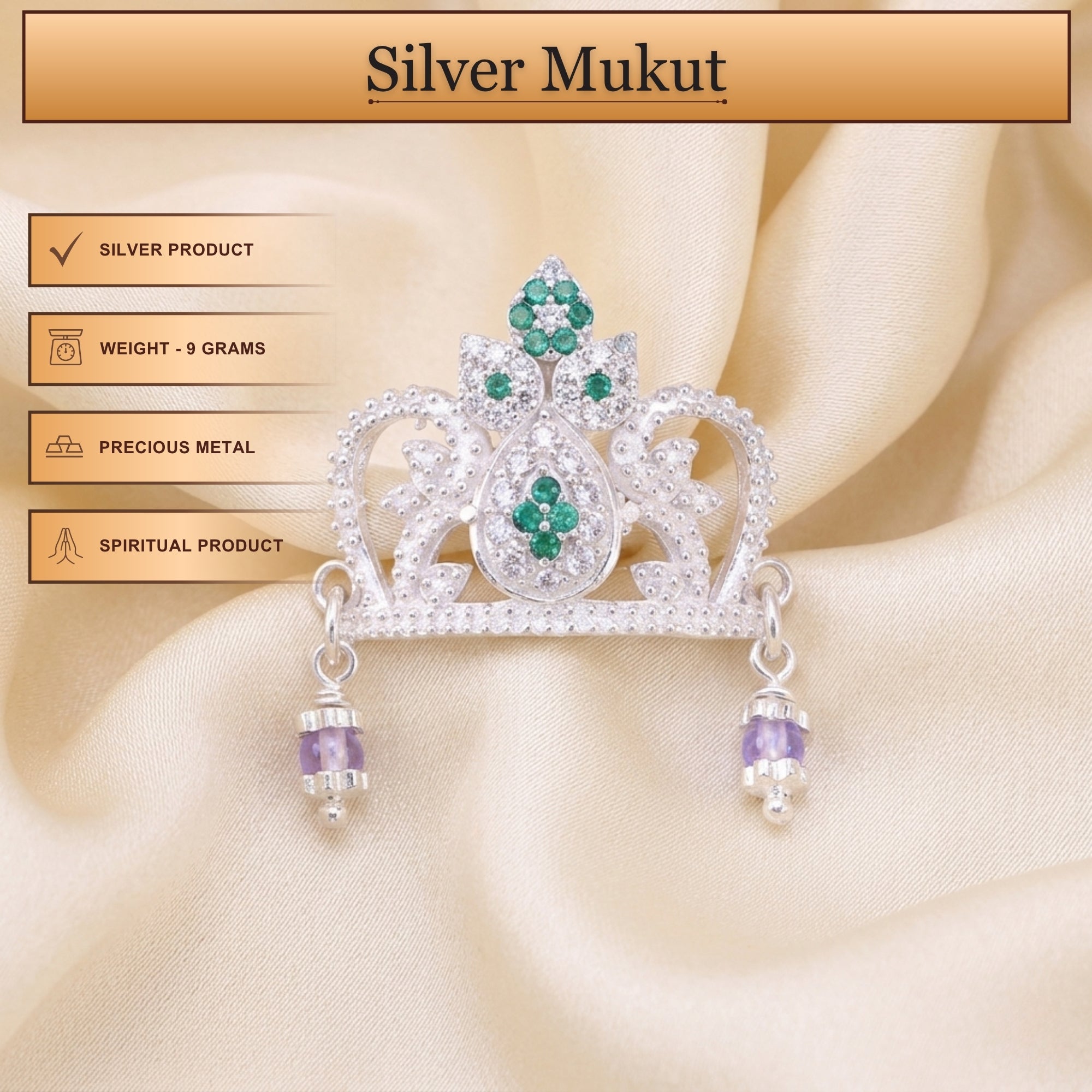 Infographic displaying features of pure 925 silver crown mukut for Laddu Gopal