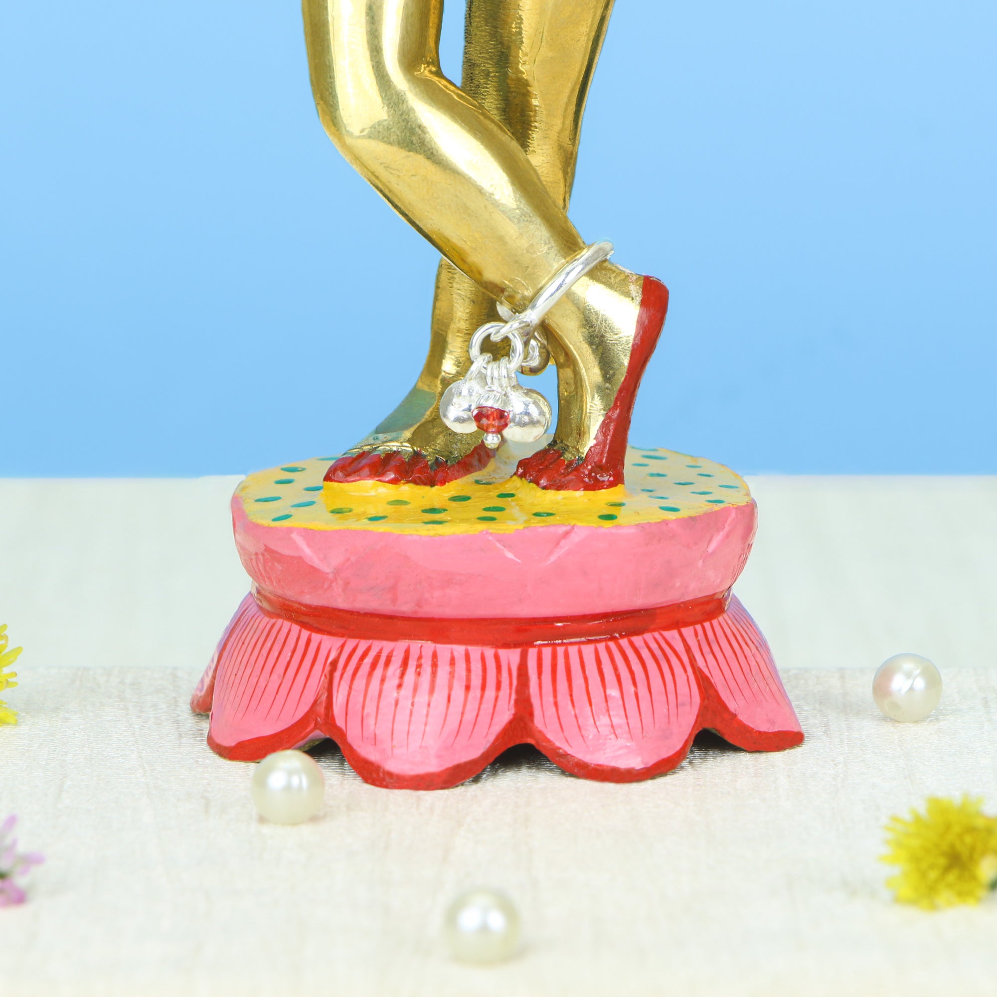 Pure 925 silver ghungroo payal anklets worn on Laddu Gopal deity lotus feet idol