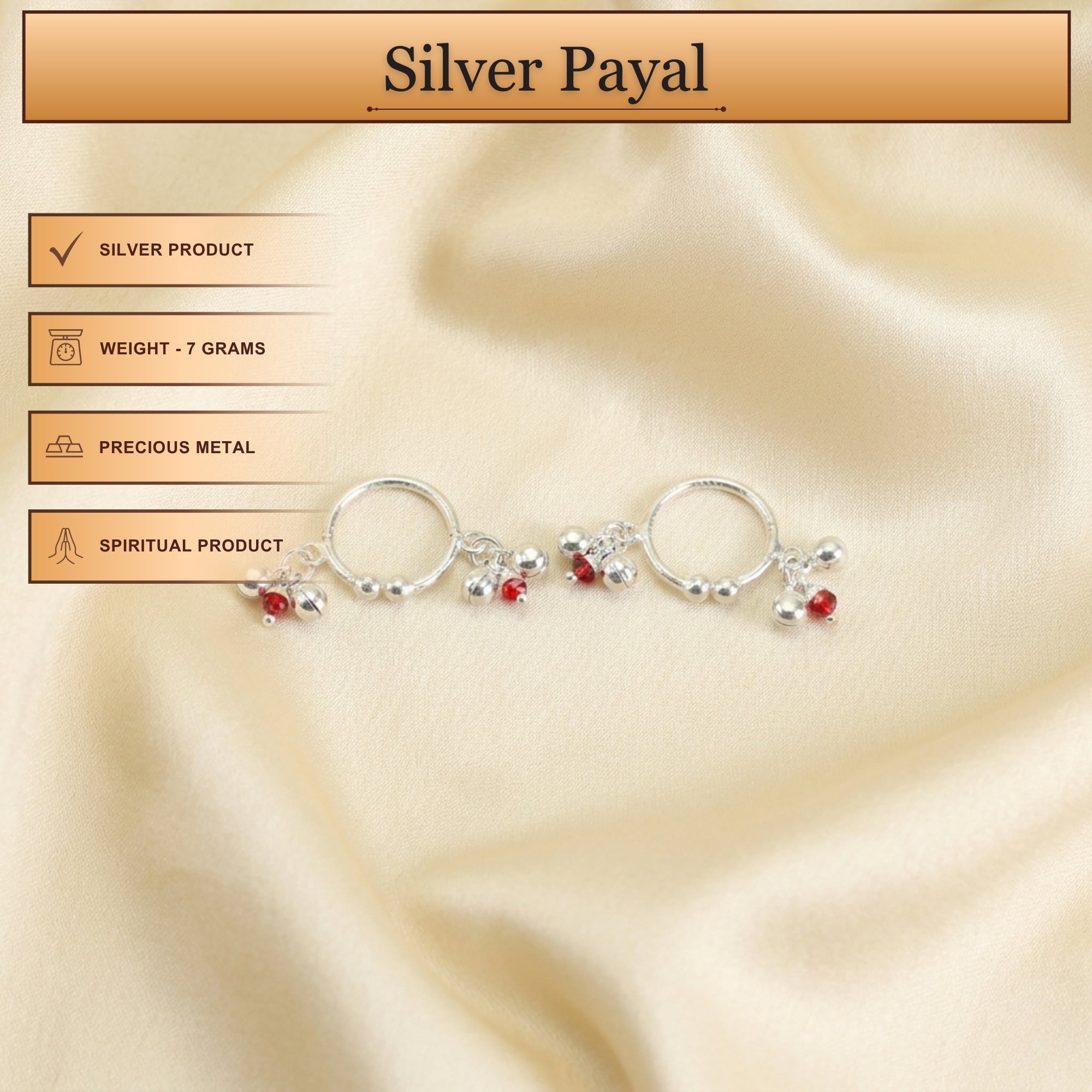 Infographic displaying features of pure 925 silver ghungroo payal anklets for Laddu Gopal