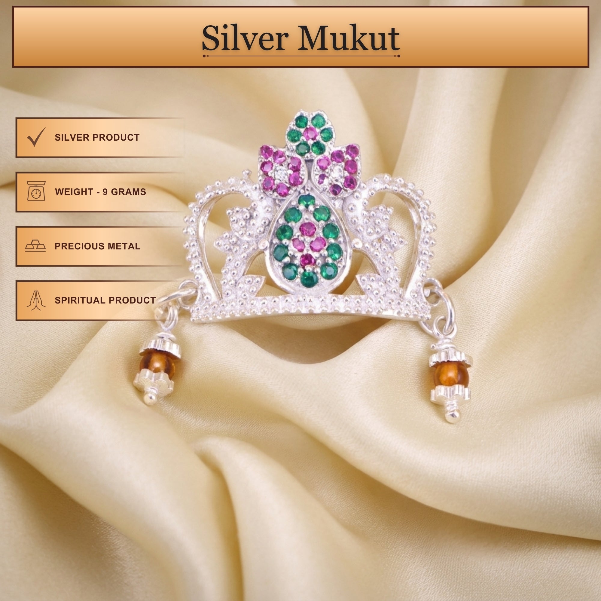 Infographic displaying features of pure 925 silver mukut for Laddu Gopal decorative crown