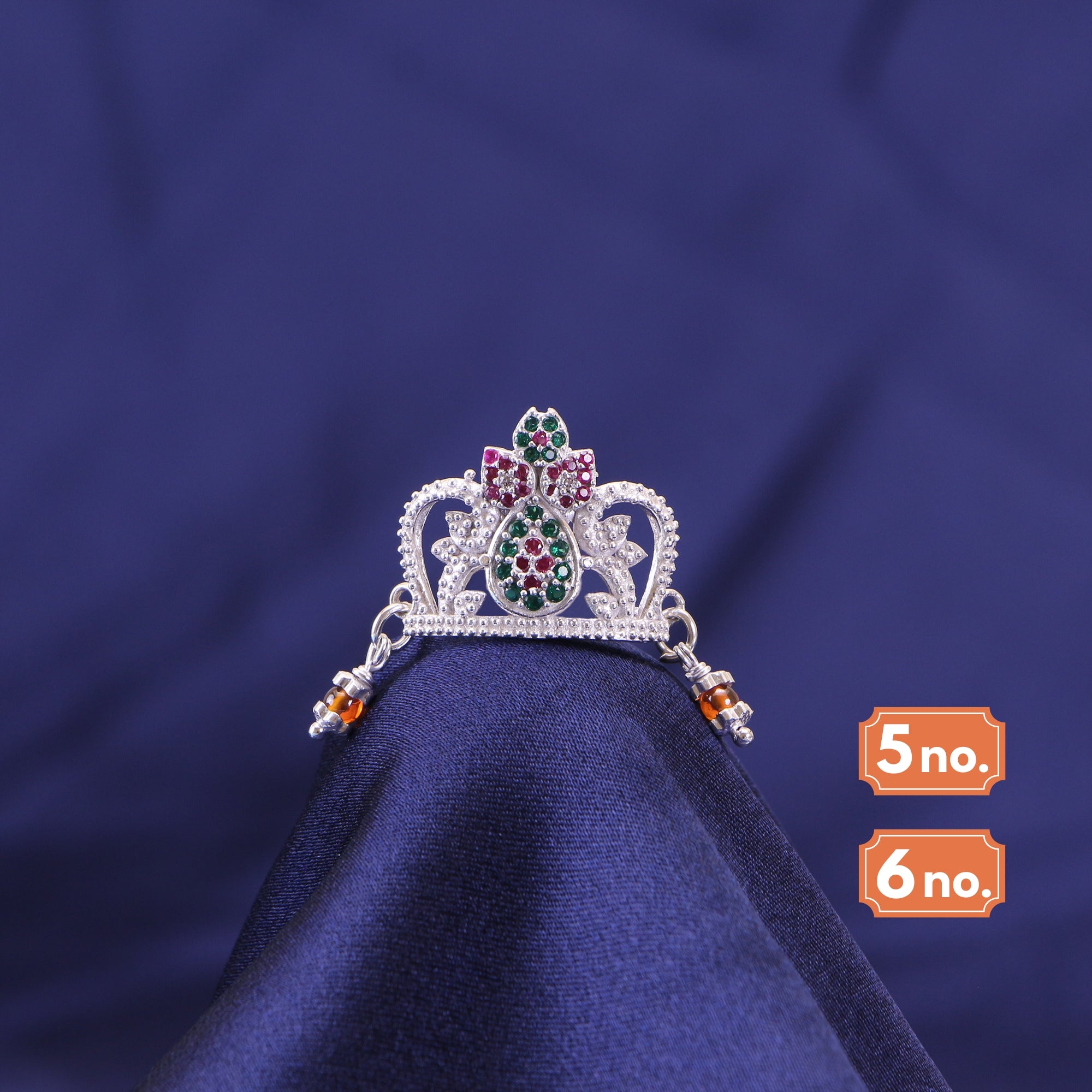 Pure 925 silver mukut for Laddu Gopal with ruby pink stones on blue satin backdrop