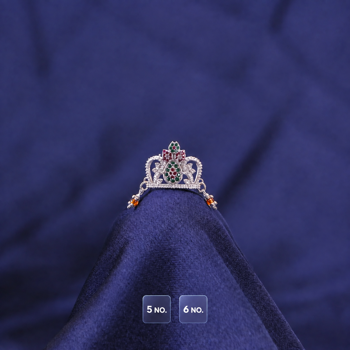 Pure 925 silver mukut for Laddu Gopal with ruby pink stones on blue satin backdrop