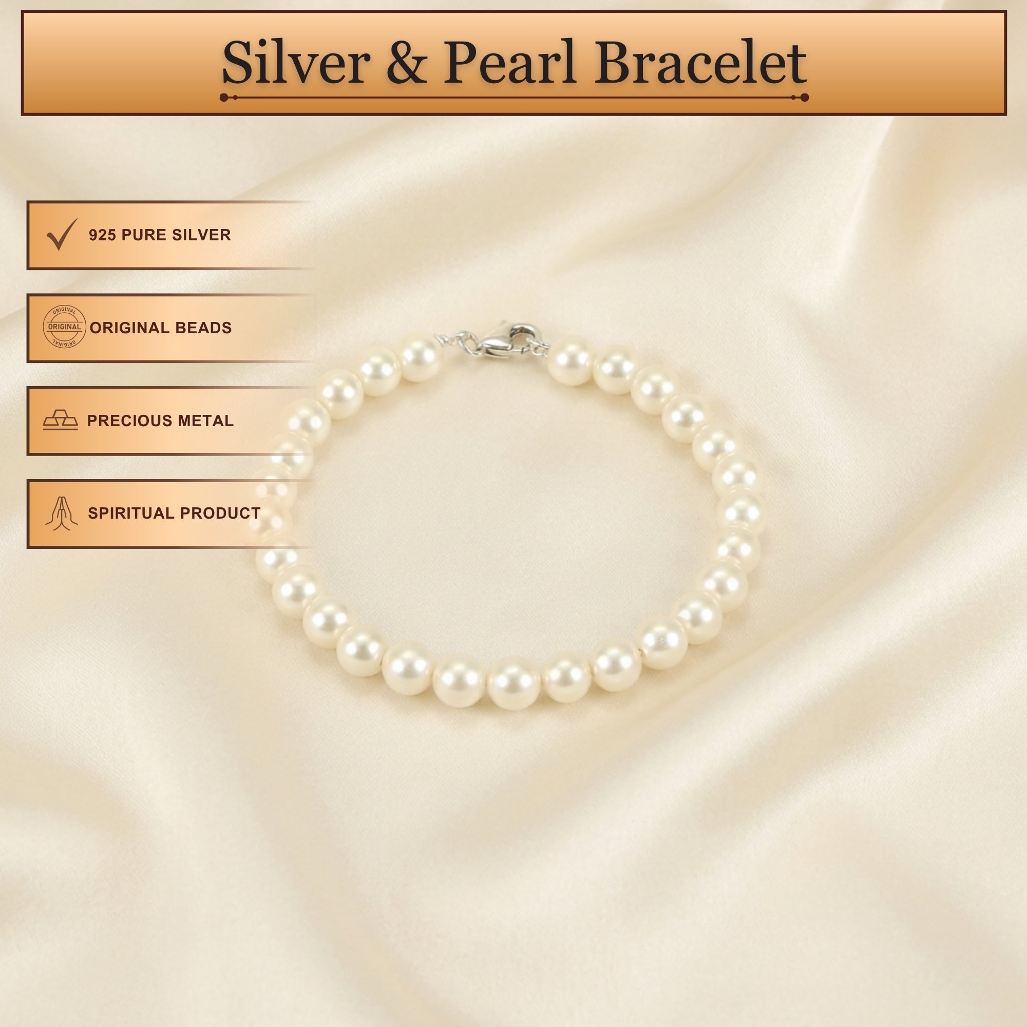 Infographic displaying features of pure 925 silver natural white pearl strand bracelet for women