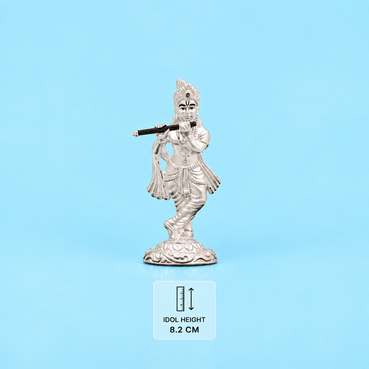 pure Silver Krishna idol playing a flute, 8.2 cm tall, with intricate traditional detailing