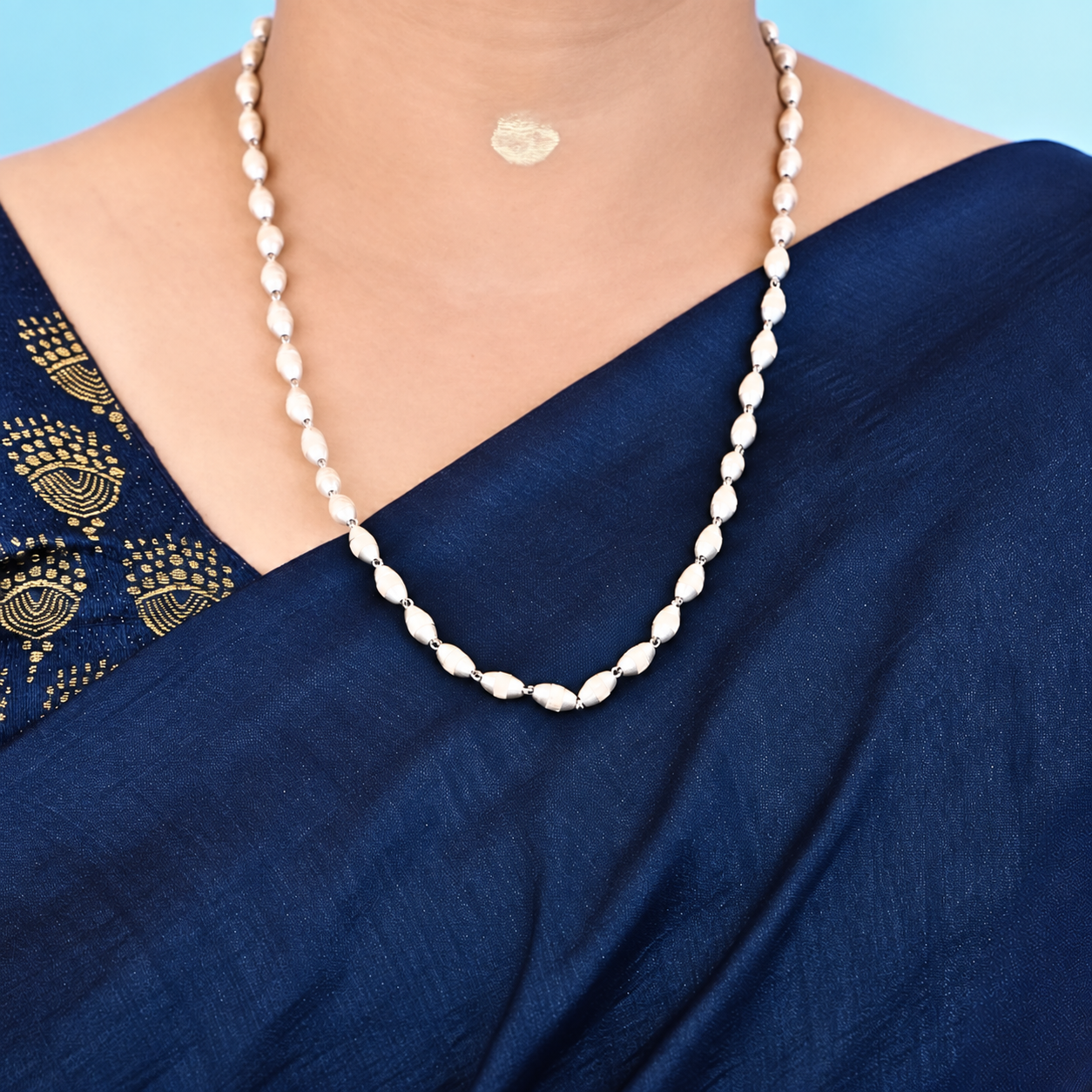 pure silver tulsi kanthi mala with Small Beads and Silver Capping