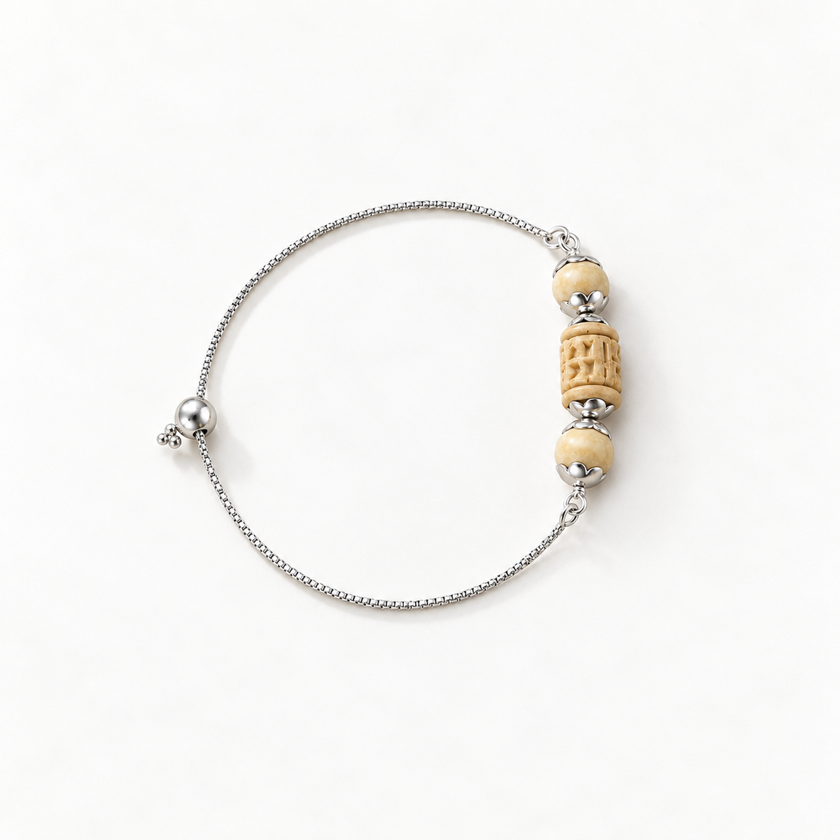 pure Silver chain bracelet with tulsi carved beige beads and adjustable slider