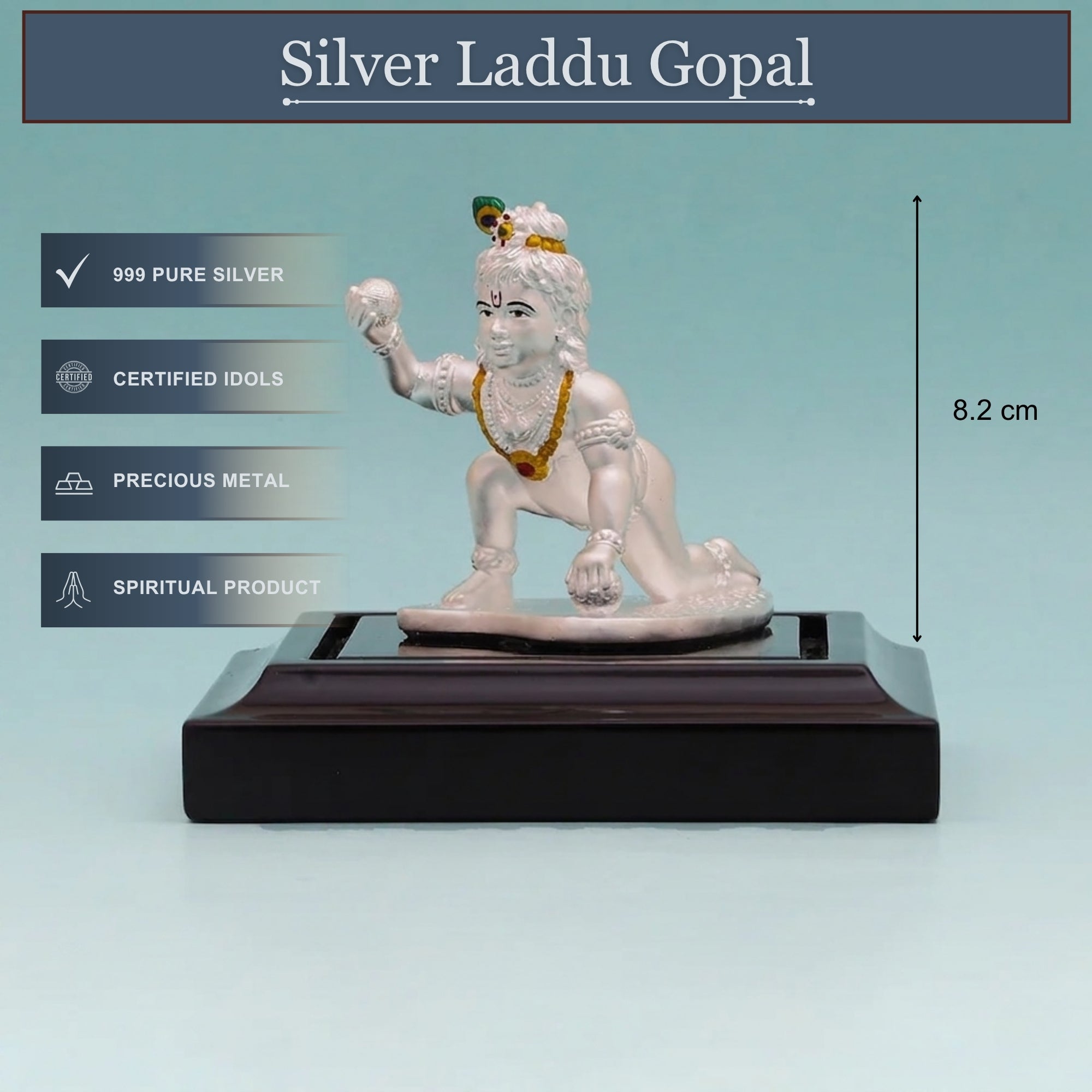 Front angle view of handcrafted pure silver Laddu Gopal artistic murti