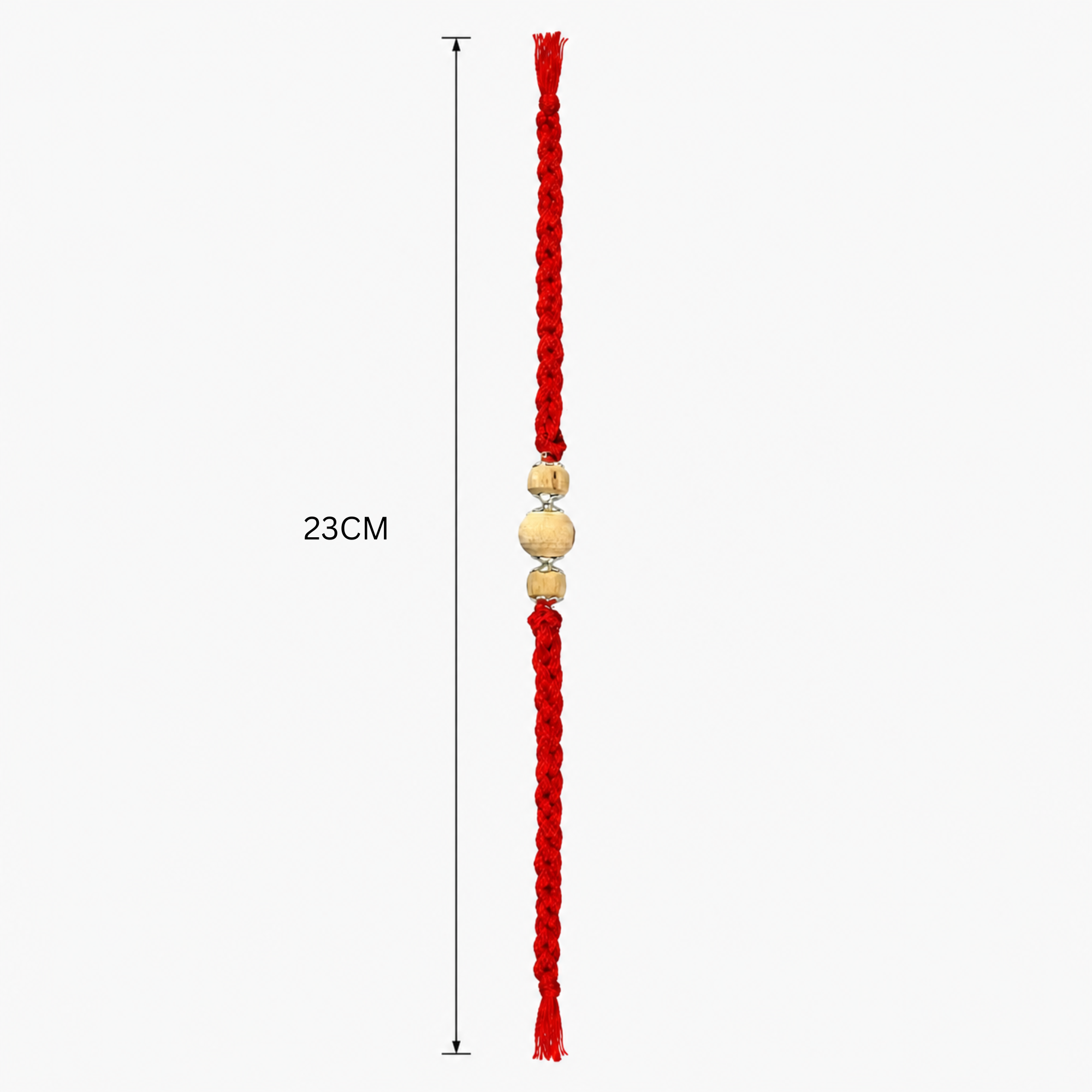 Full length layout showing 23cm thread length and dimensions of pure silver accent trio Tulsi rakhi