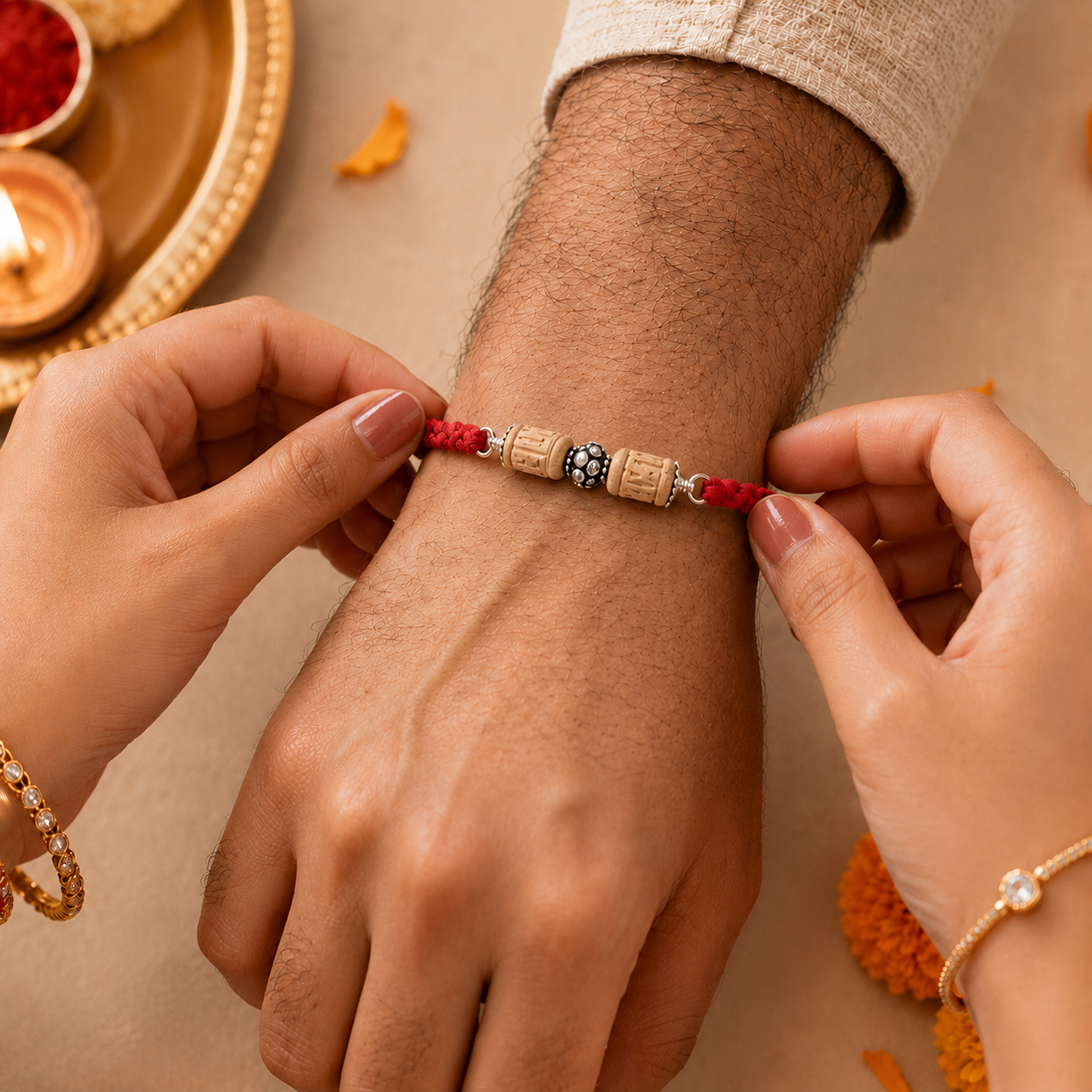 Hands tying pure silver carved Tulsi bead rakhi bracelet on brother wrist for Raksha Bandhan