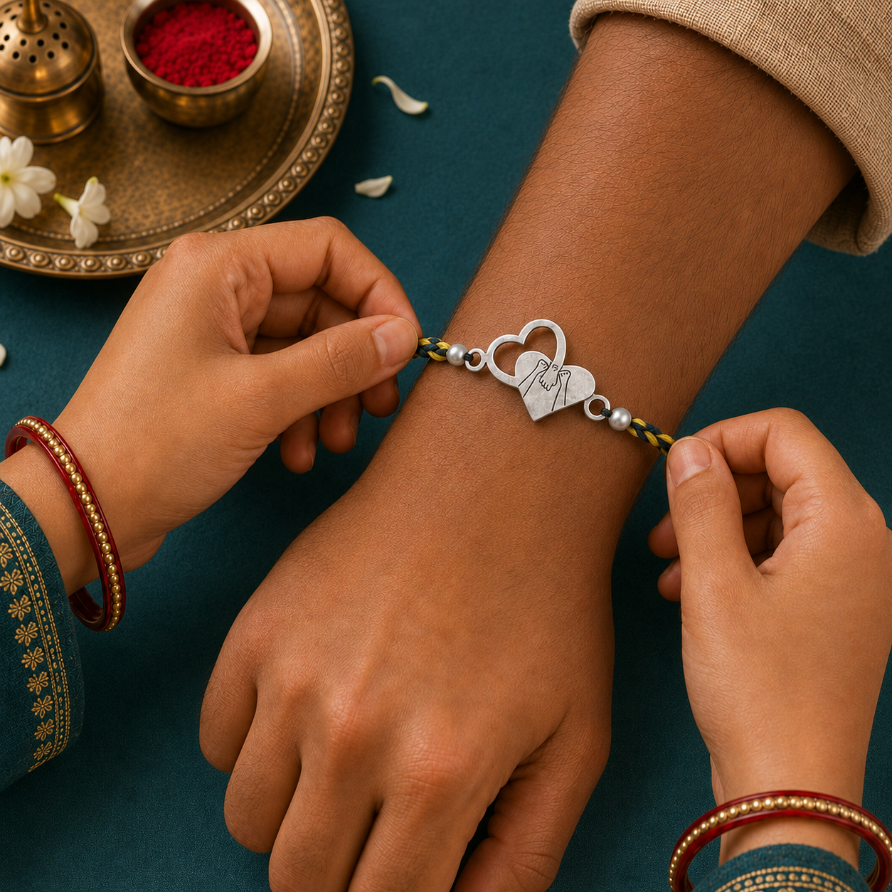 Hands tying pure silver dual interlocking heart rakhi bracelet on brother wrist for Raksha Bandhan