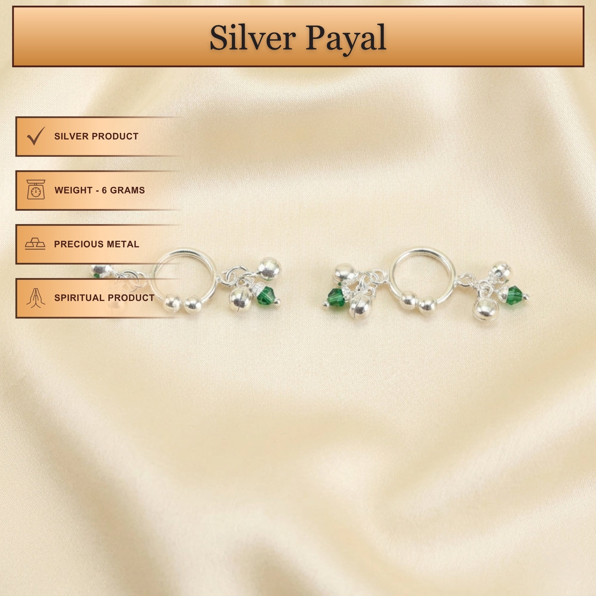 Infographic displaying features of pure silver green Meenakari ghungroo payal for Laddu Gopal