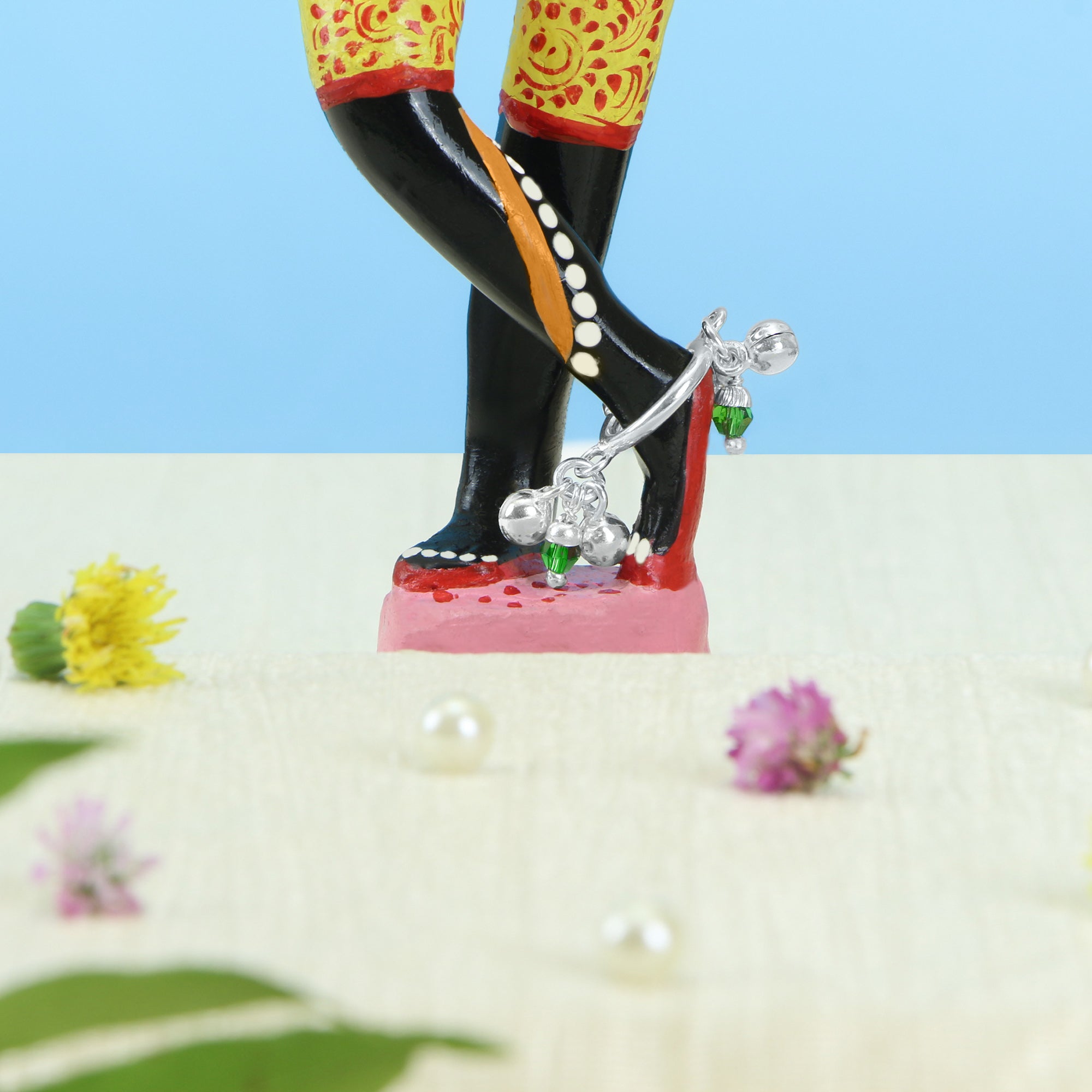 Pure silver green Meenakari ghungroo payal anklets worn on Laddu Gopal deity lotus feet idol