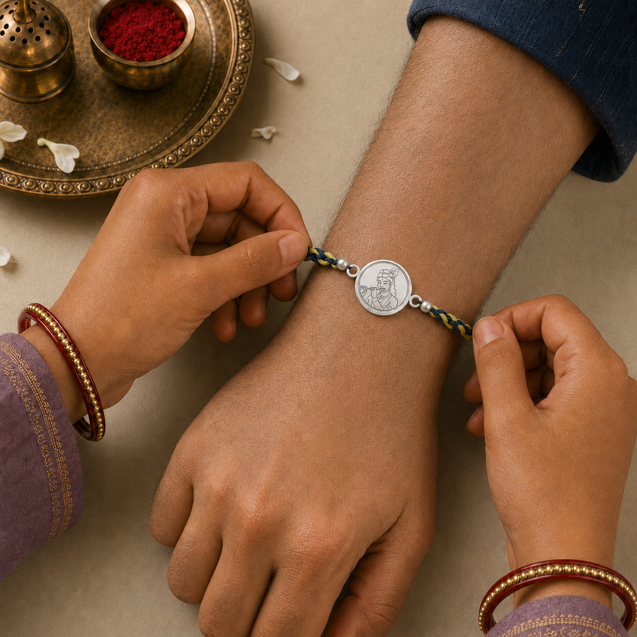 Hands tying pure silver Lord Krishna portrait coin rakhi bracelet on brother wrist for Raksha Bandhan