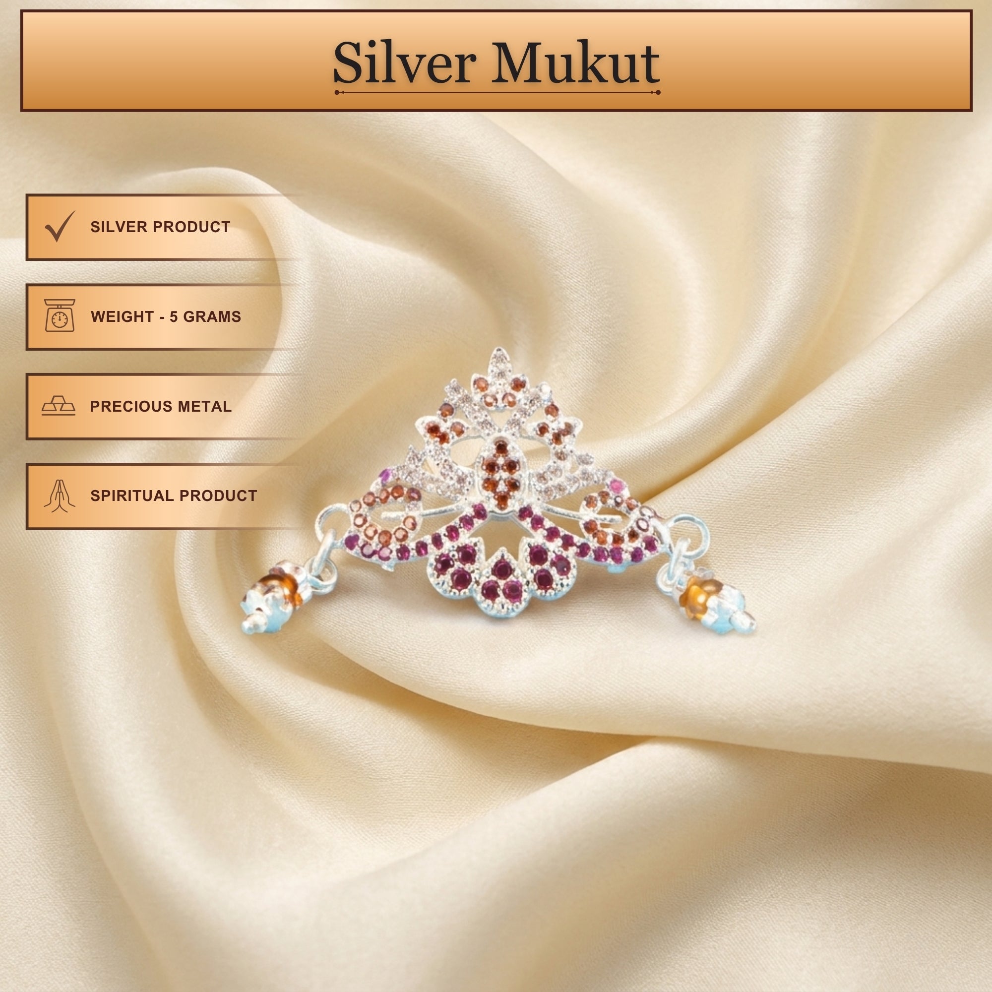 Infographic displaying features of pure silver mukut for Laddu Gopal size 4 and 5 no