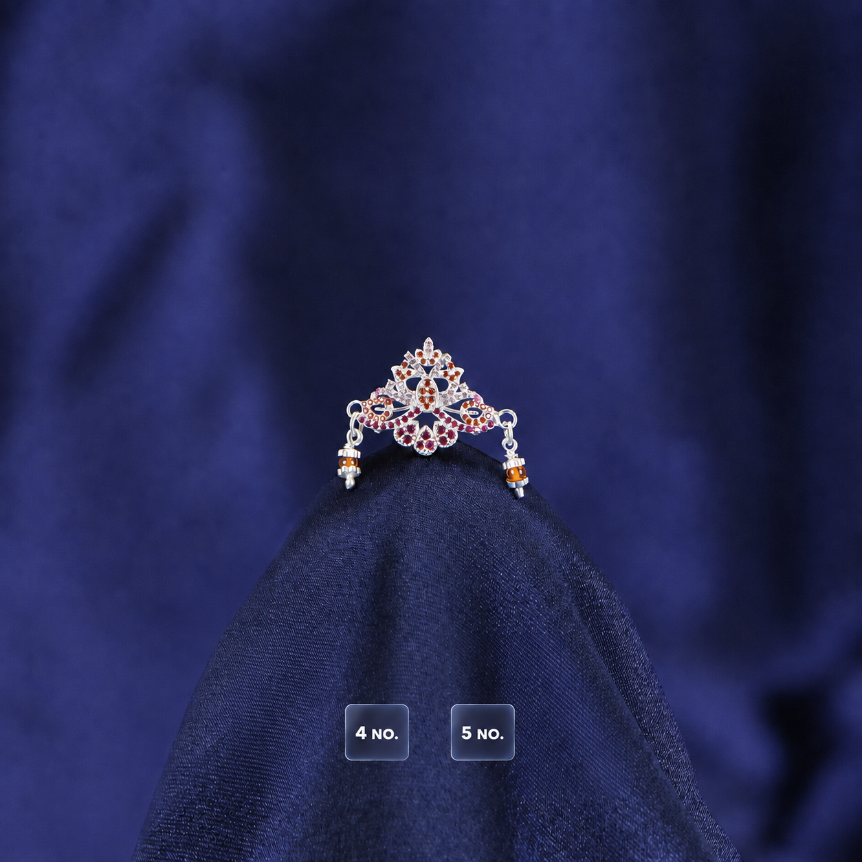 Pure silver mukut for Laddu Gopal size 4 and 5 no displayed on blue satin cushion