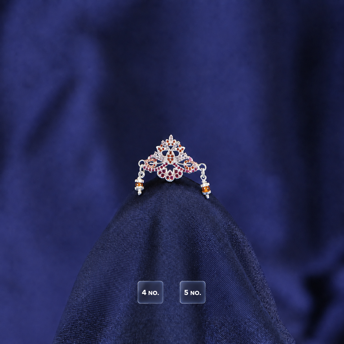 Pure silver mukut for Laddu Gopal size 4 and 5 no displayed on blue satin cushion