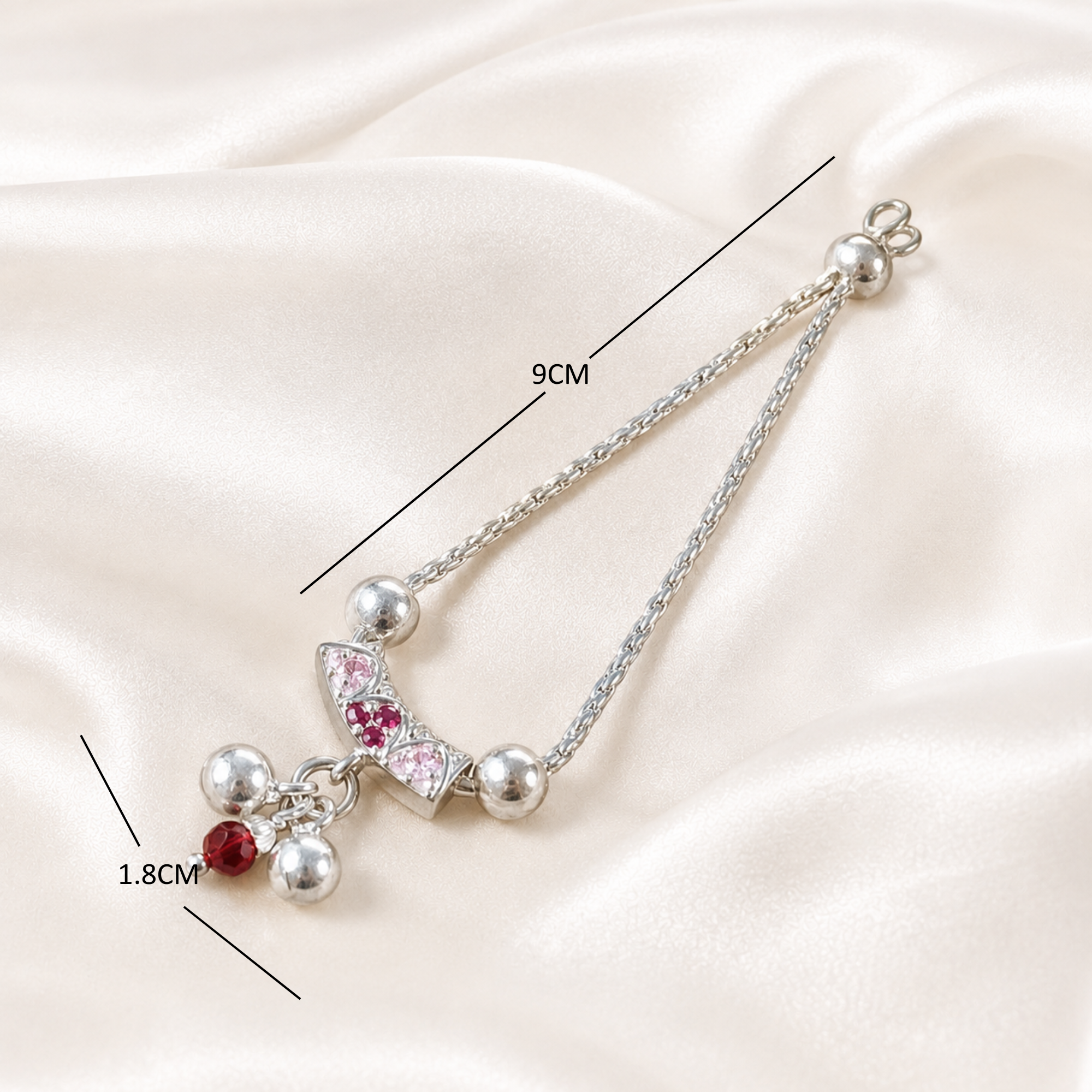 Dimension diagram showing length and size measurement of pure silver necklace for Kanha Ji