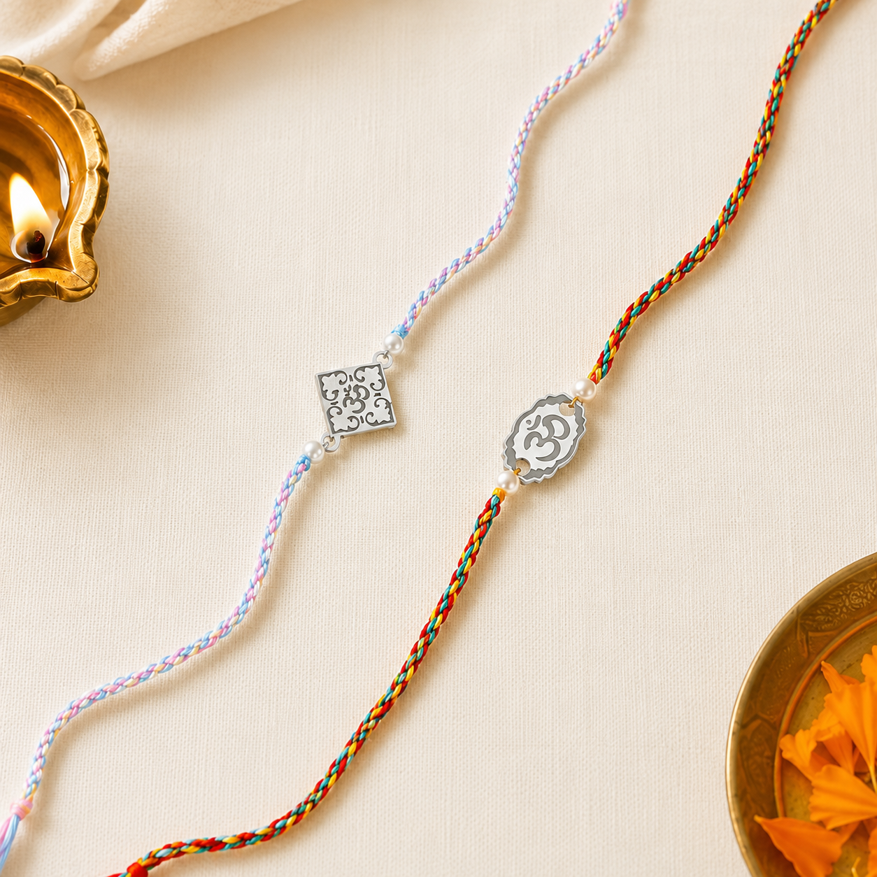 Close up view of pure silver Om oval charm and square filigree floral charm rakhis with pearl beads