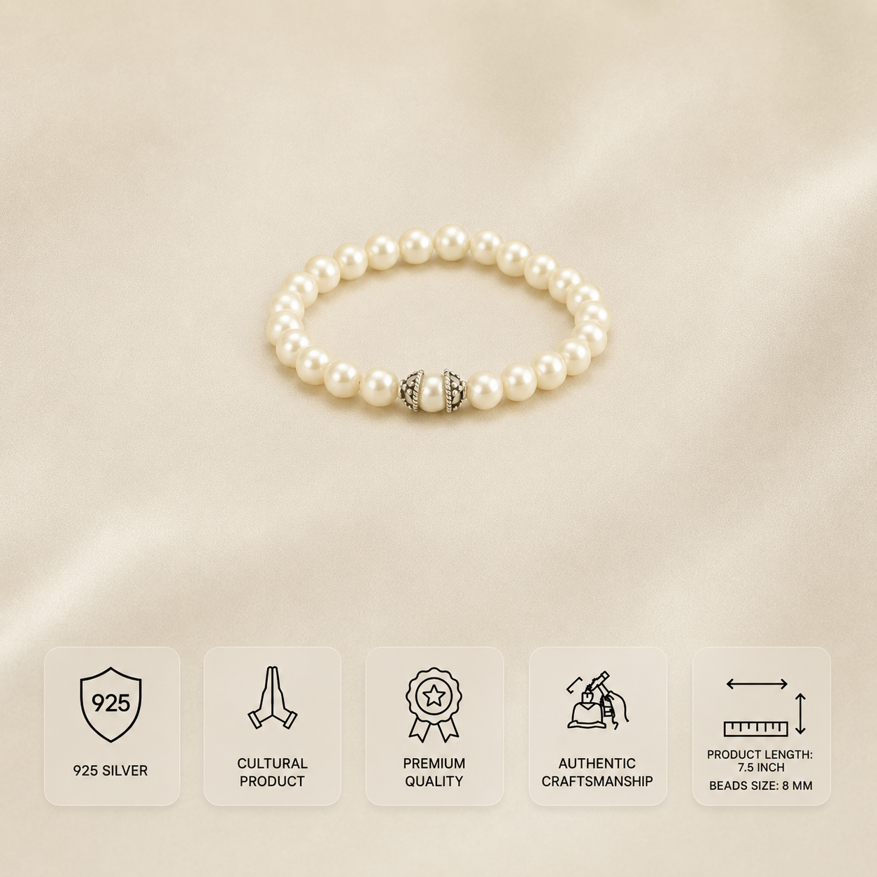 A pearl beaded bracelet with a silver-toned clasp, displayed on a soft beige fabric background. Below the bracelet are five informational cards detailing product features: 925 silver, cultural product, premium quality, authentic craftsmanship, and product length and bead size.