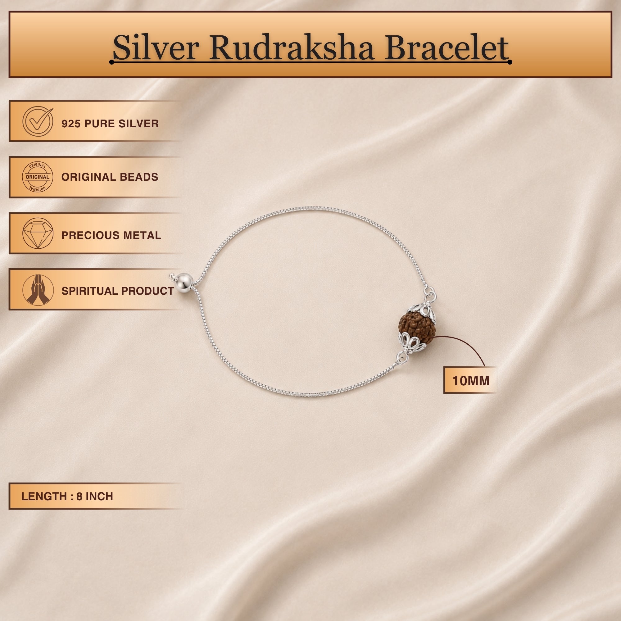 Infographic displaying features of pure silver capped Rudraksha chain bracelet rakhi