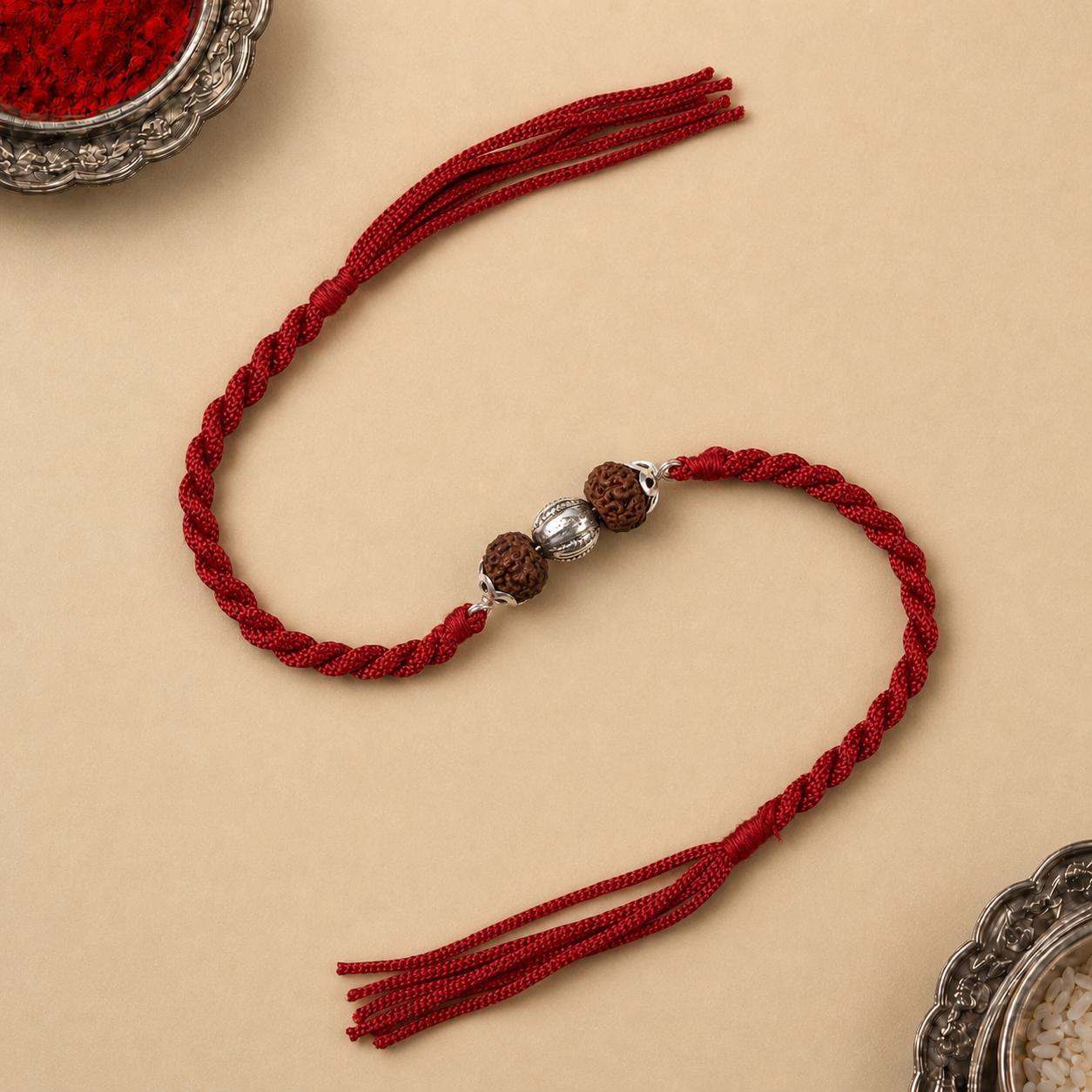 Pure silver capped Rudraksha rakhi on traditional red braided thread flat lay view