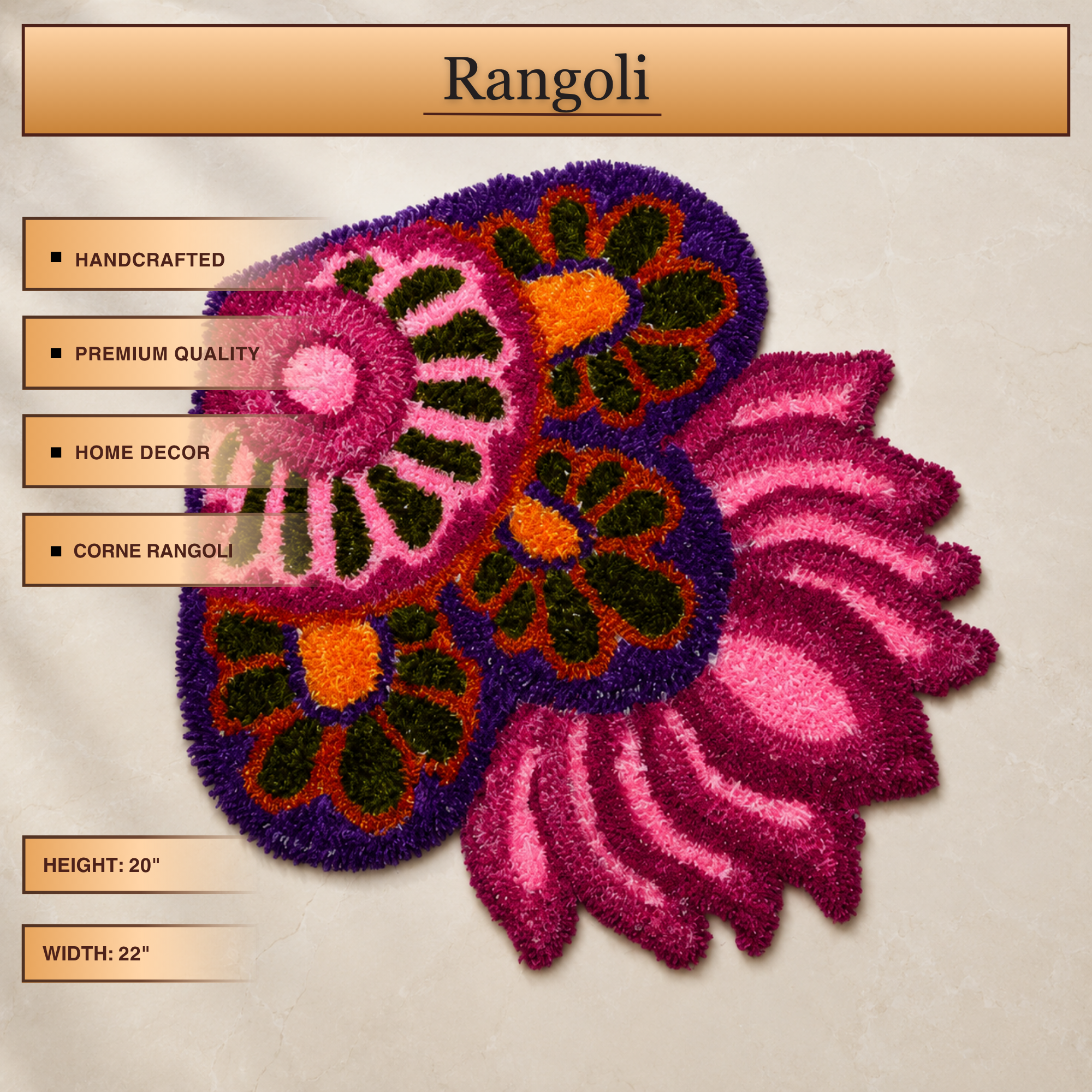 Handmade Lotus Corner Rangoli Mat features and dimension reference display