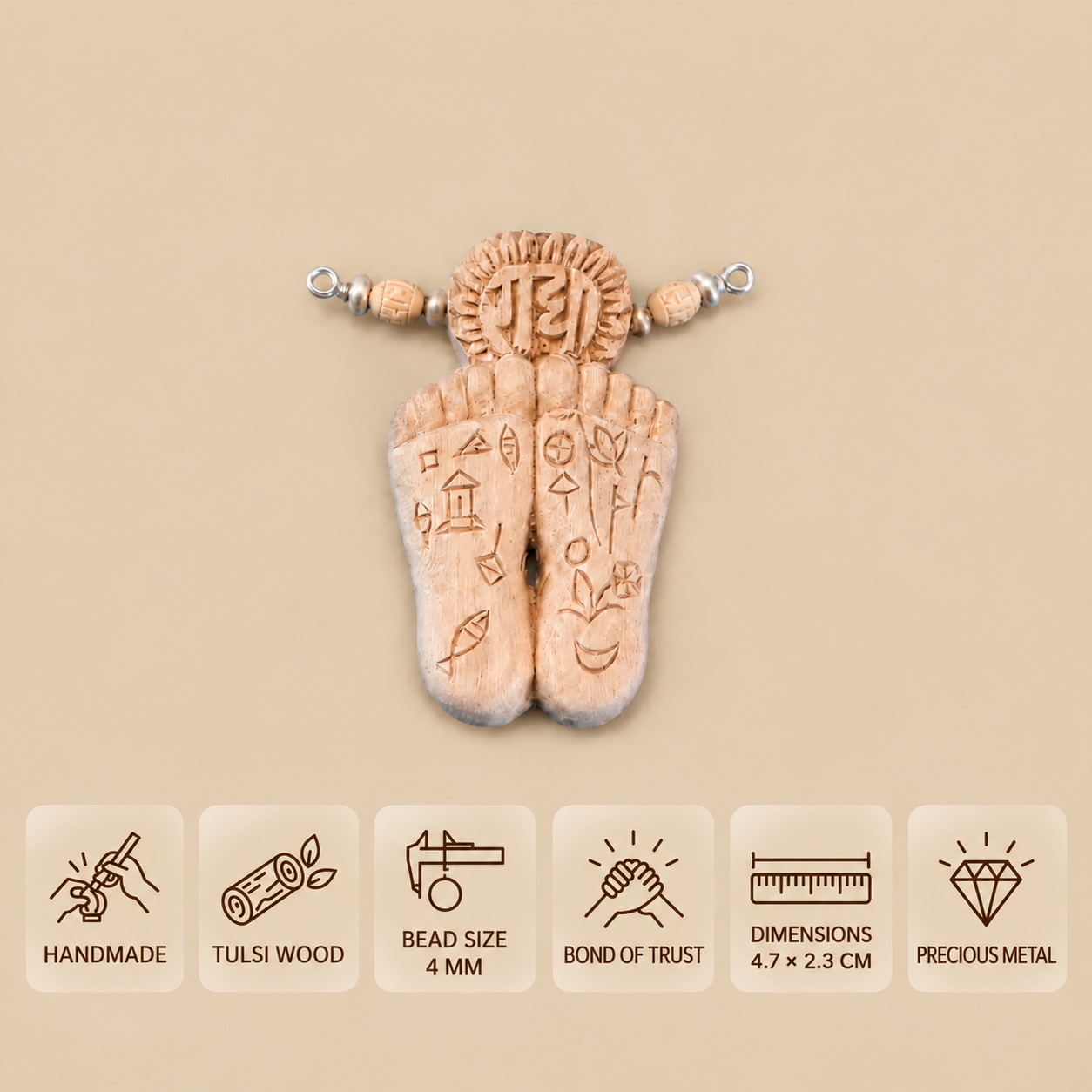 Carved Tulsi wood charan pendant with silver-toned fittings, 4 mm beads and 4.7 × 2.3 cm dimensions