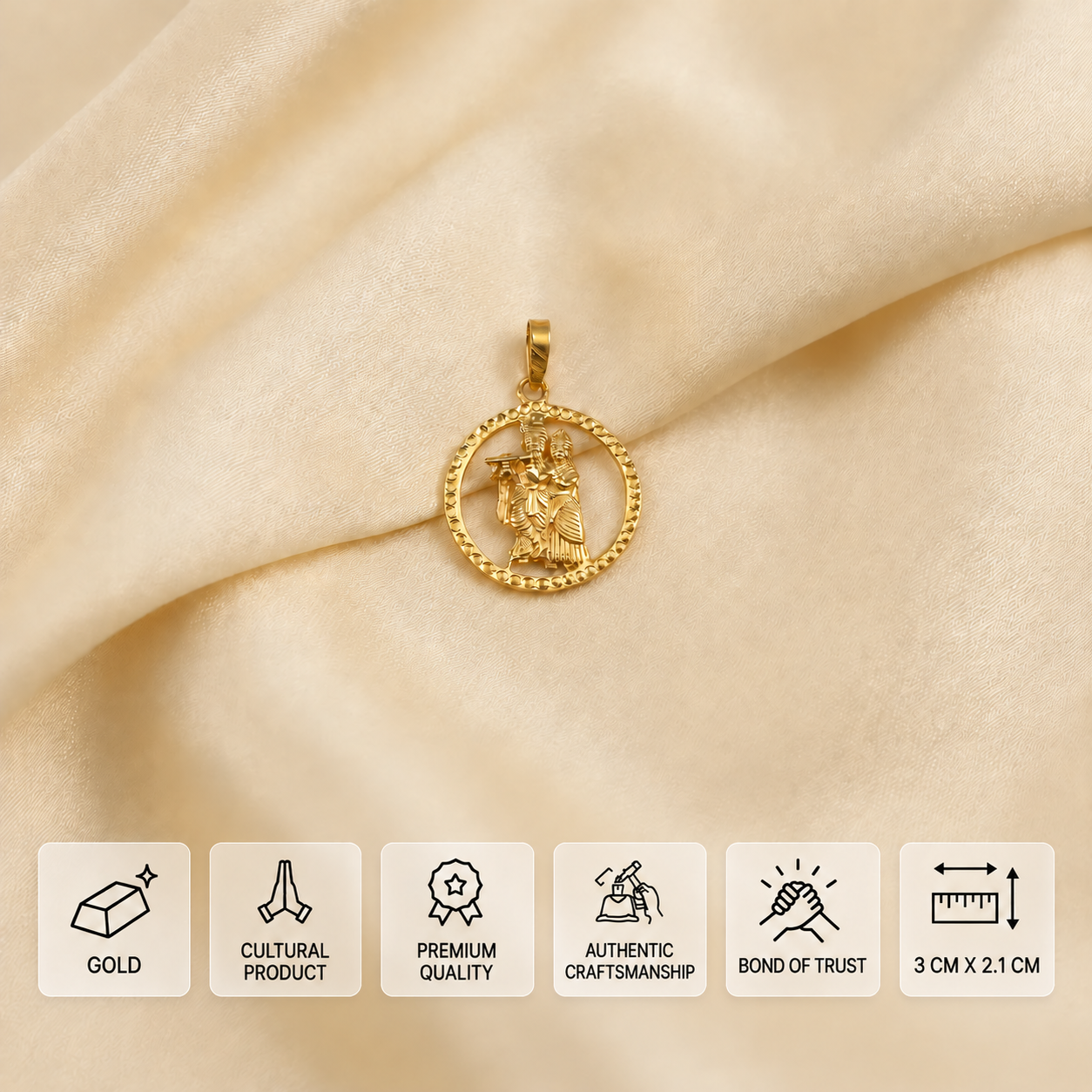 Round Radha Krishna gold pendant on cream satin with feature cards showing dimensions of 3 × 2.1 cm.