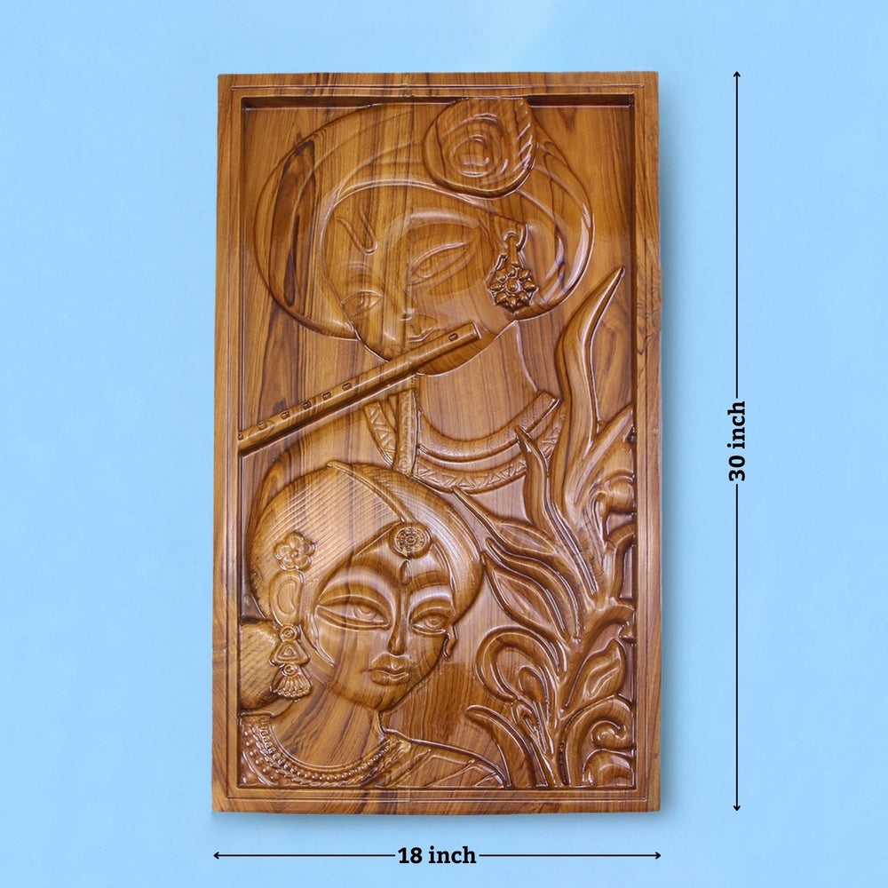 Radha Krishna Sagwan wood wall art showing product dimensions