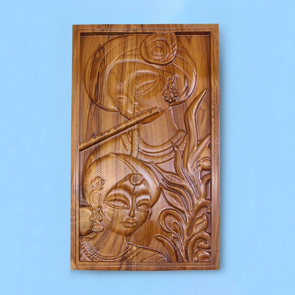 Radha Krishna wall hanging handcrafted in Sagwan wood with detailed carving