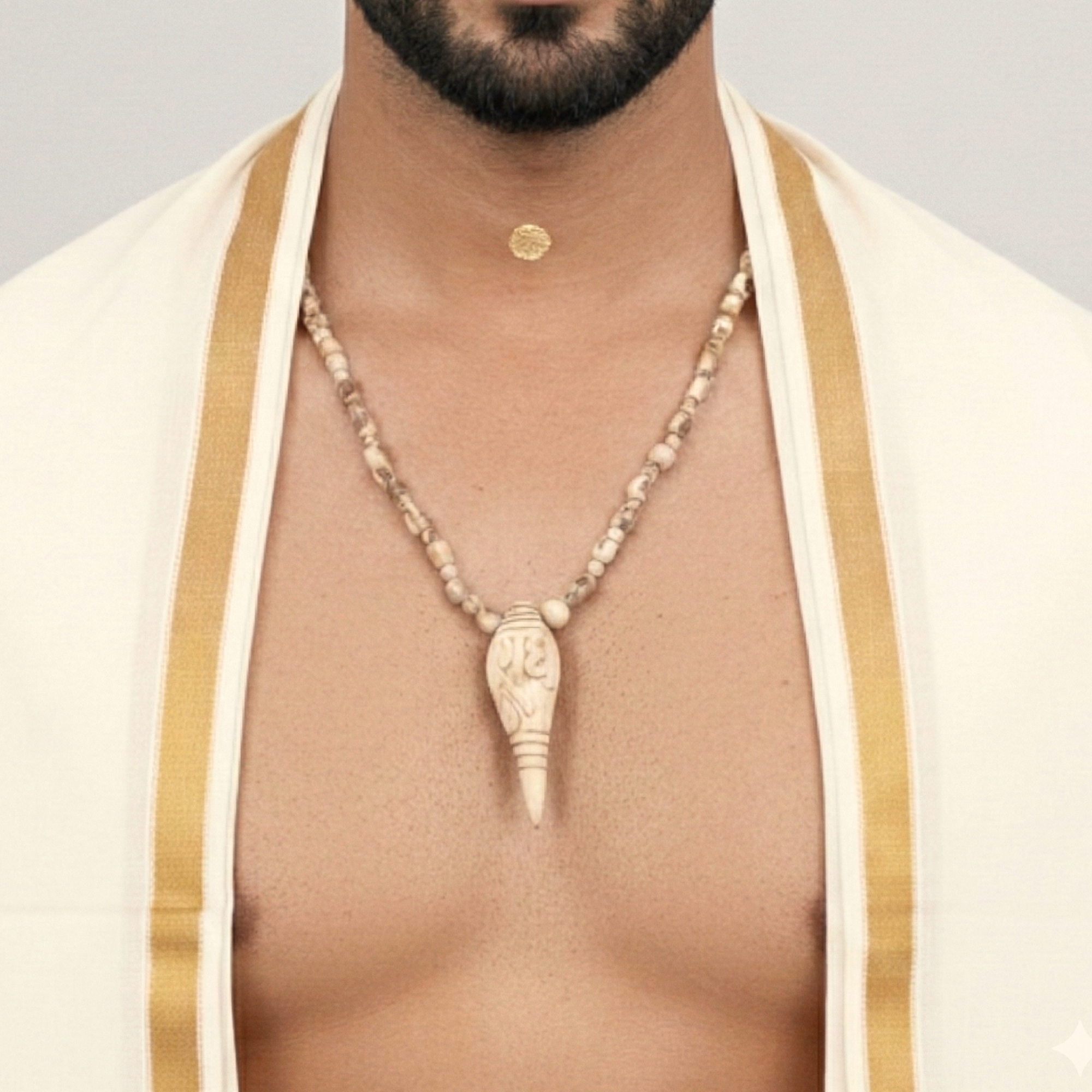 Man wearing an original Tulsi kanthi mala featuring a carved Shri Radha Shankh locket