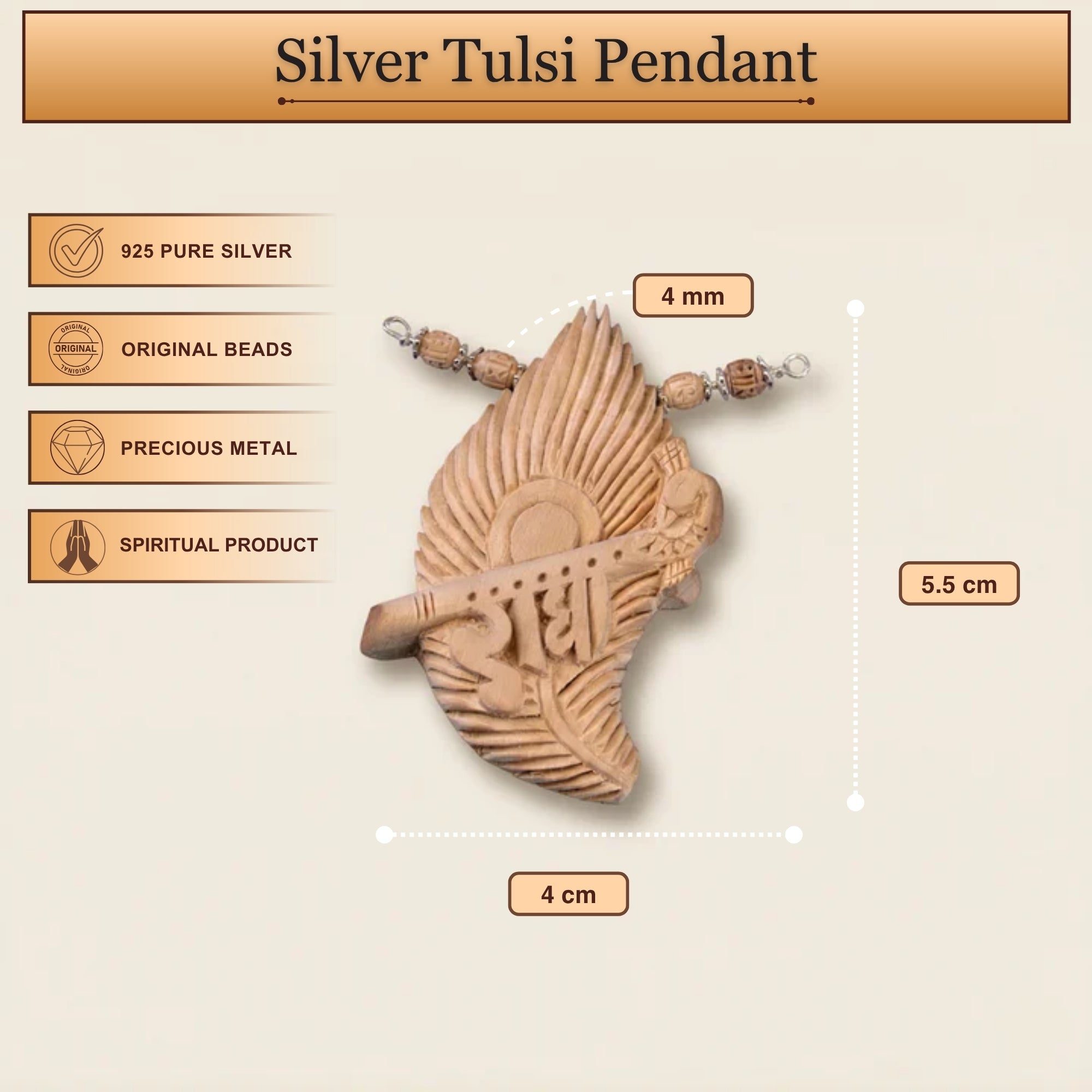 Size and dimension details of the silver Tulsi pendant featuring a peacock feather and Radha name