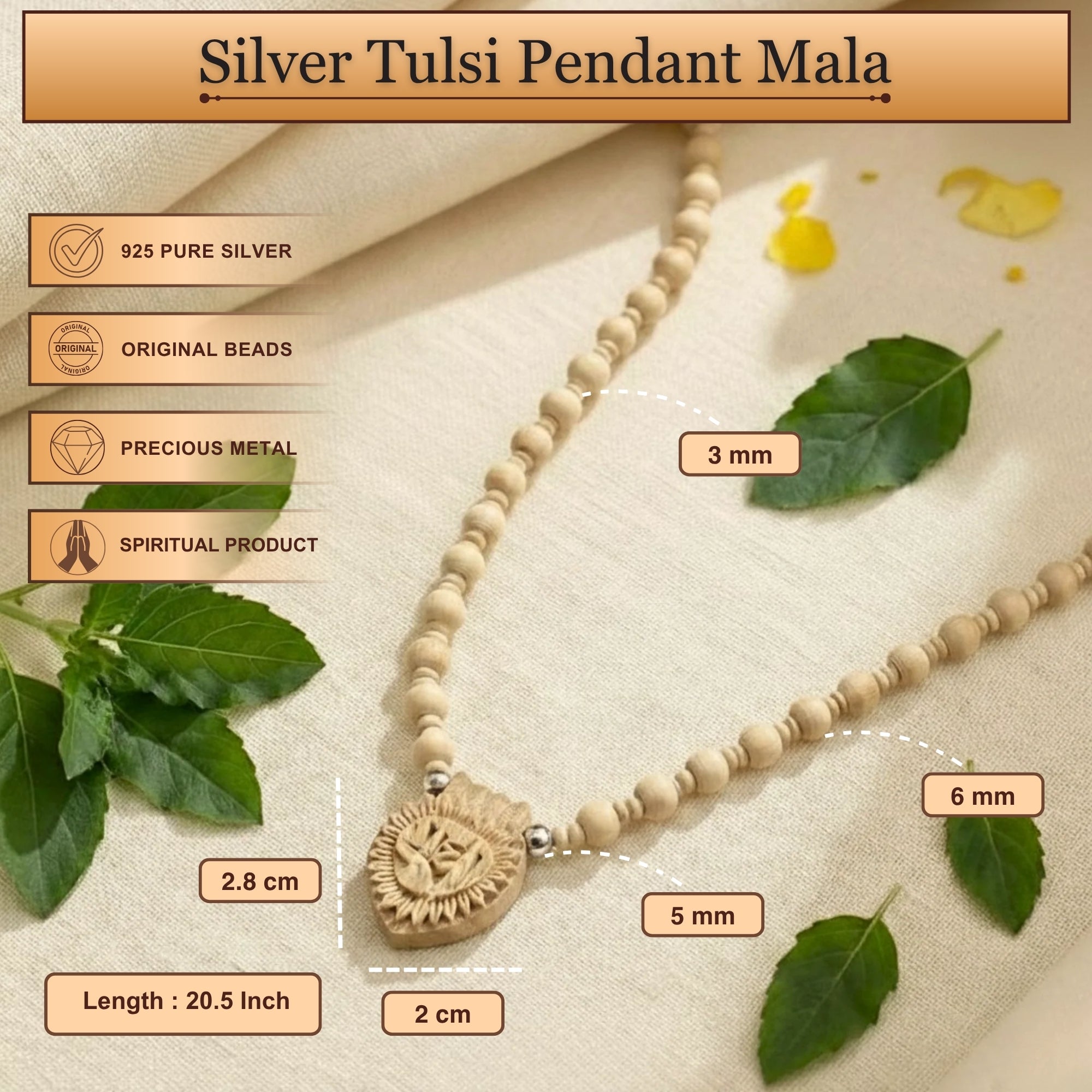 Size and length dimensions of the authentic Tulsi bead mala with a silver Radha name pendant