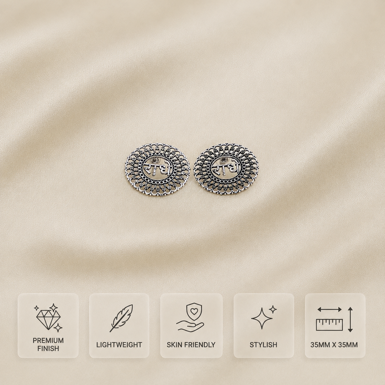 Radha oxidized metal stud earrings with intricate round filigree design, 35 mm x 35 mm