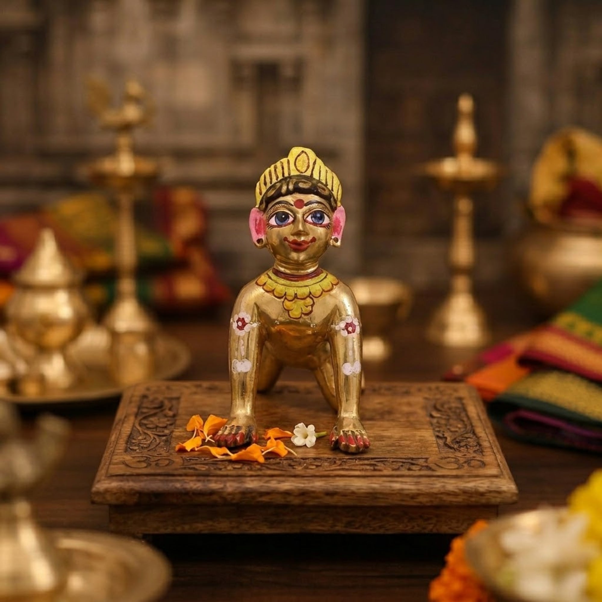Plain beautiful Radha Rani Ashtadhatu idol of Ladli Ji displayed on a wooden temple altar