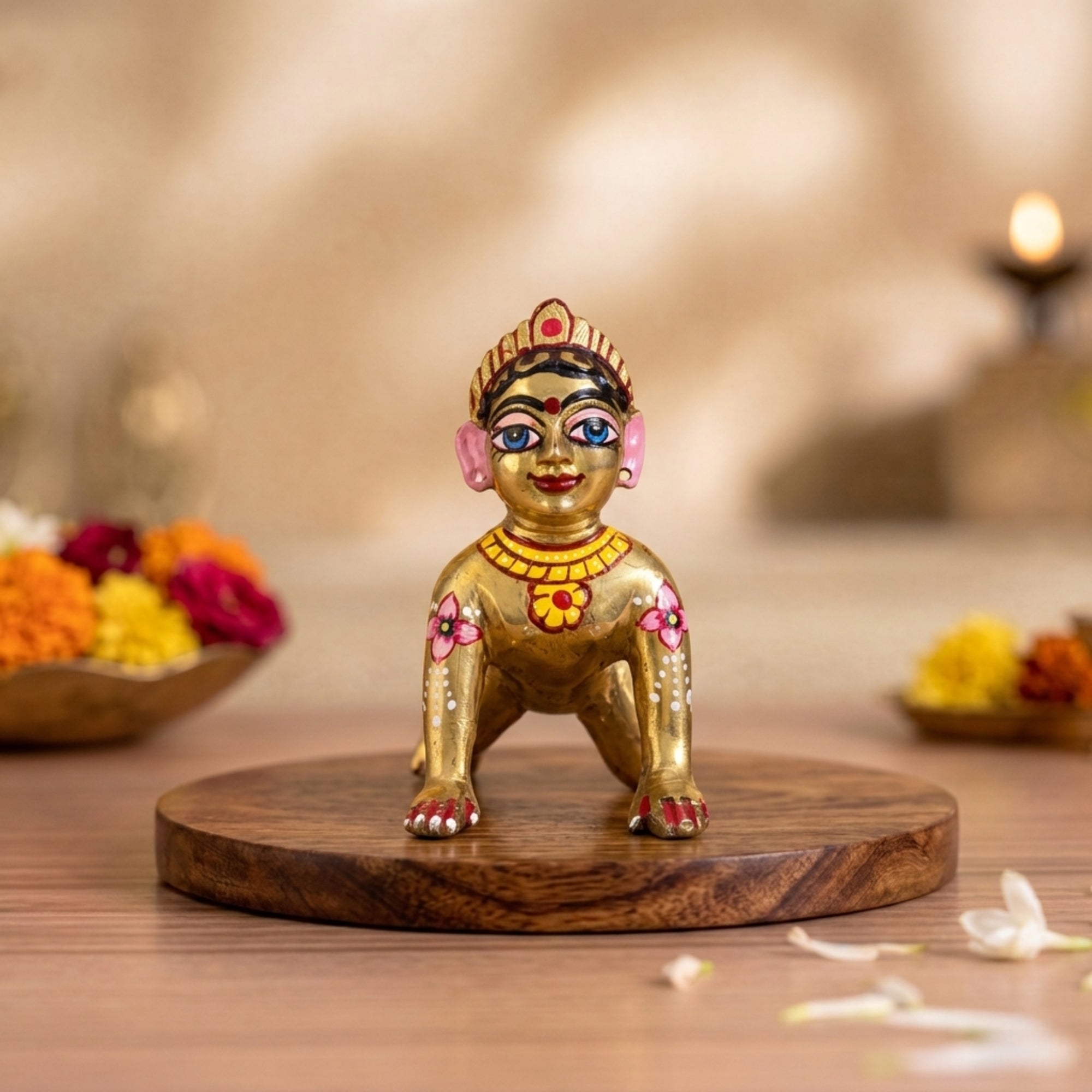 Beautiful Shringar Radha Rani Ashtadhatu idol of Ladli Ji with big eyes displayed on a wooden temple altar