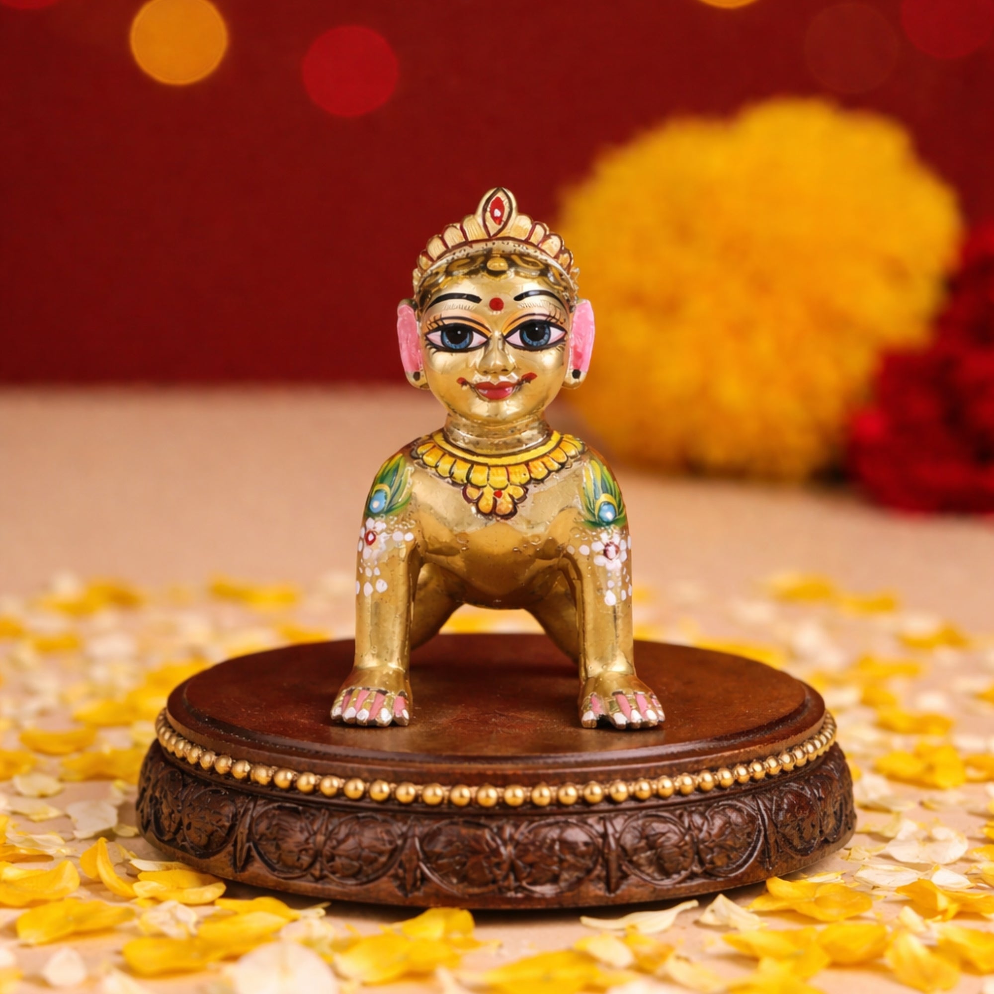 Hand-painted beautiful Shringar Radha Rani Ashtadhatu idol of Radha Ji displayed with marigold flowers