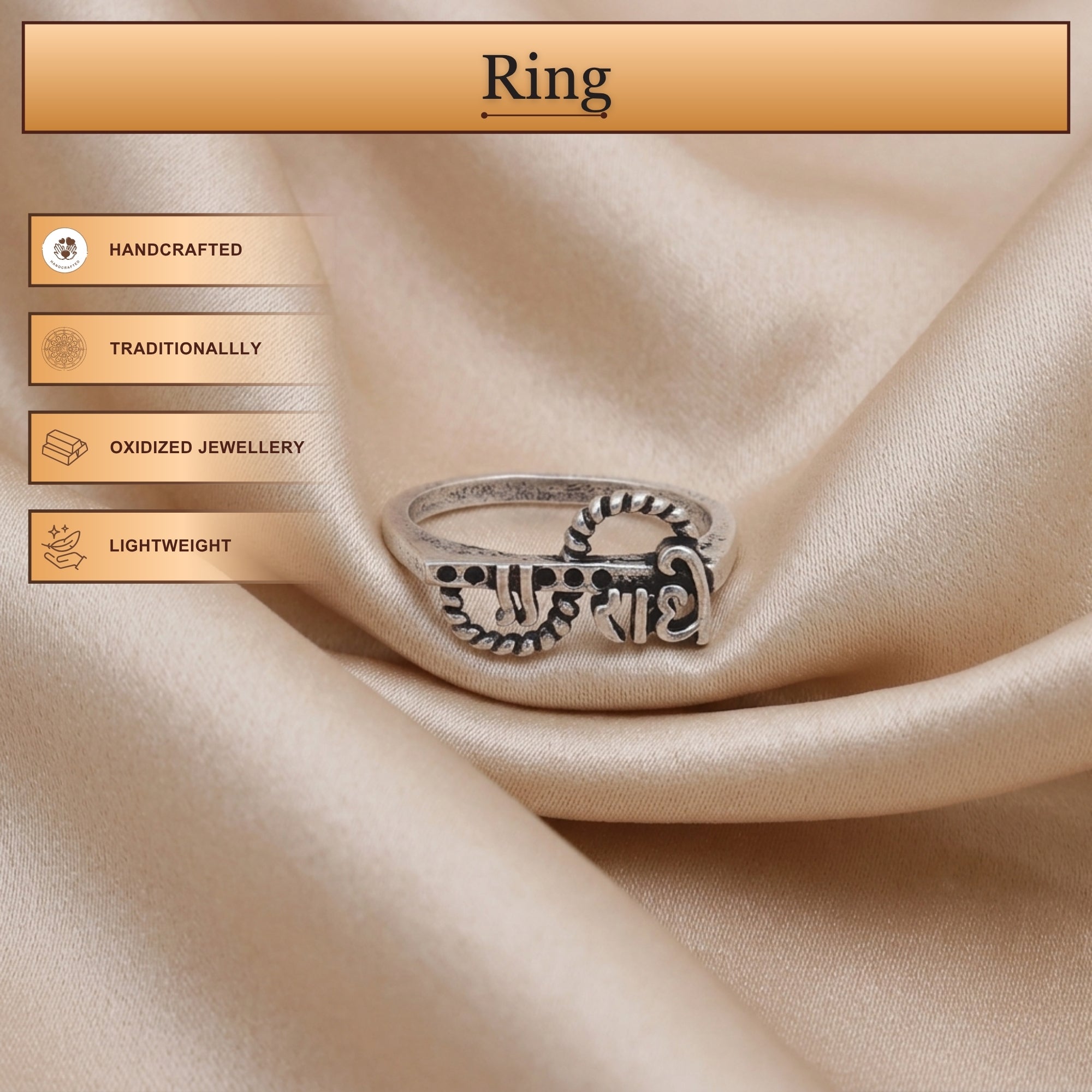 Infographic displaying features of Radha name oxidized ring with flute design