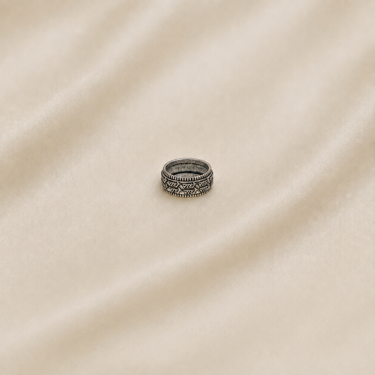 Radhe Mantra Oxidized Metal Ring, Intricate Design