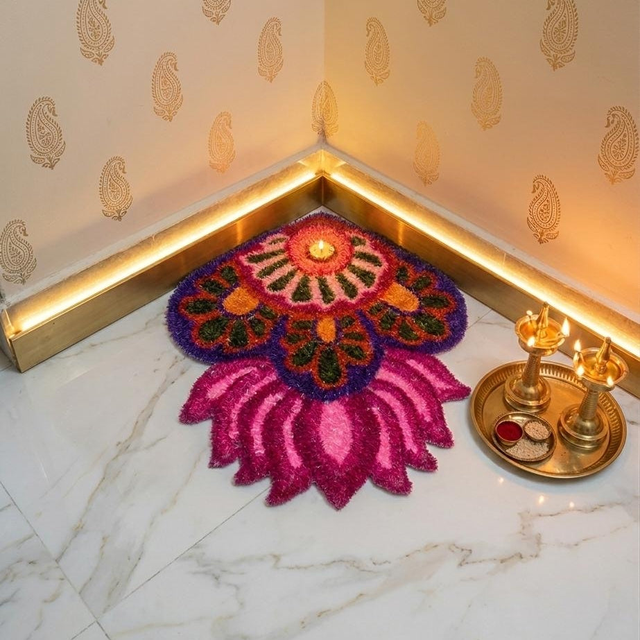 Handmade Lotus Corner Rangoli Mat placed on marble floor corner with diyas