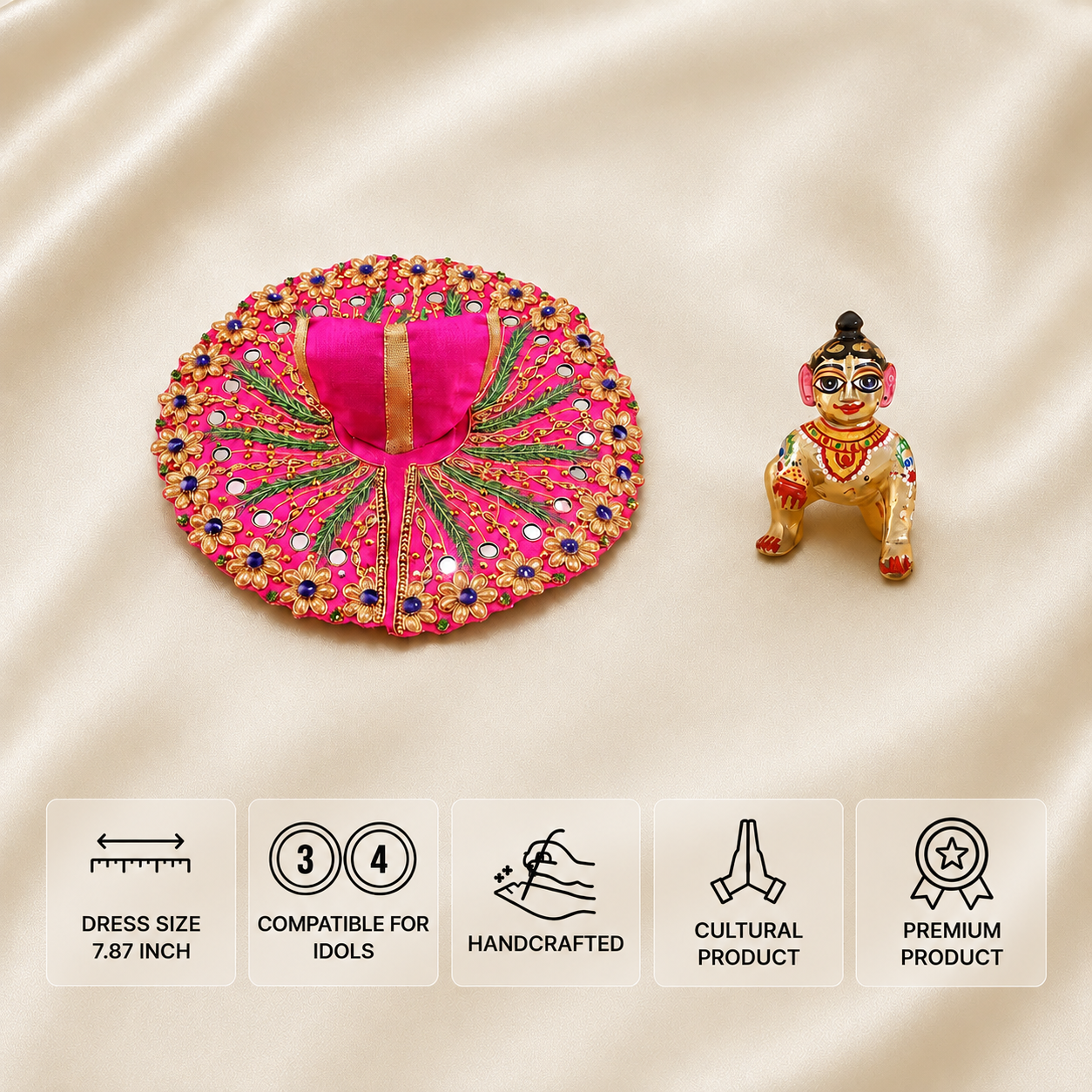 Rani pink Laddu Gopal dress for 3 and 4 number idols with mirror work, floral embroidery and golden detailing.