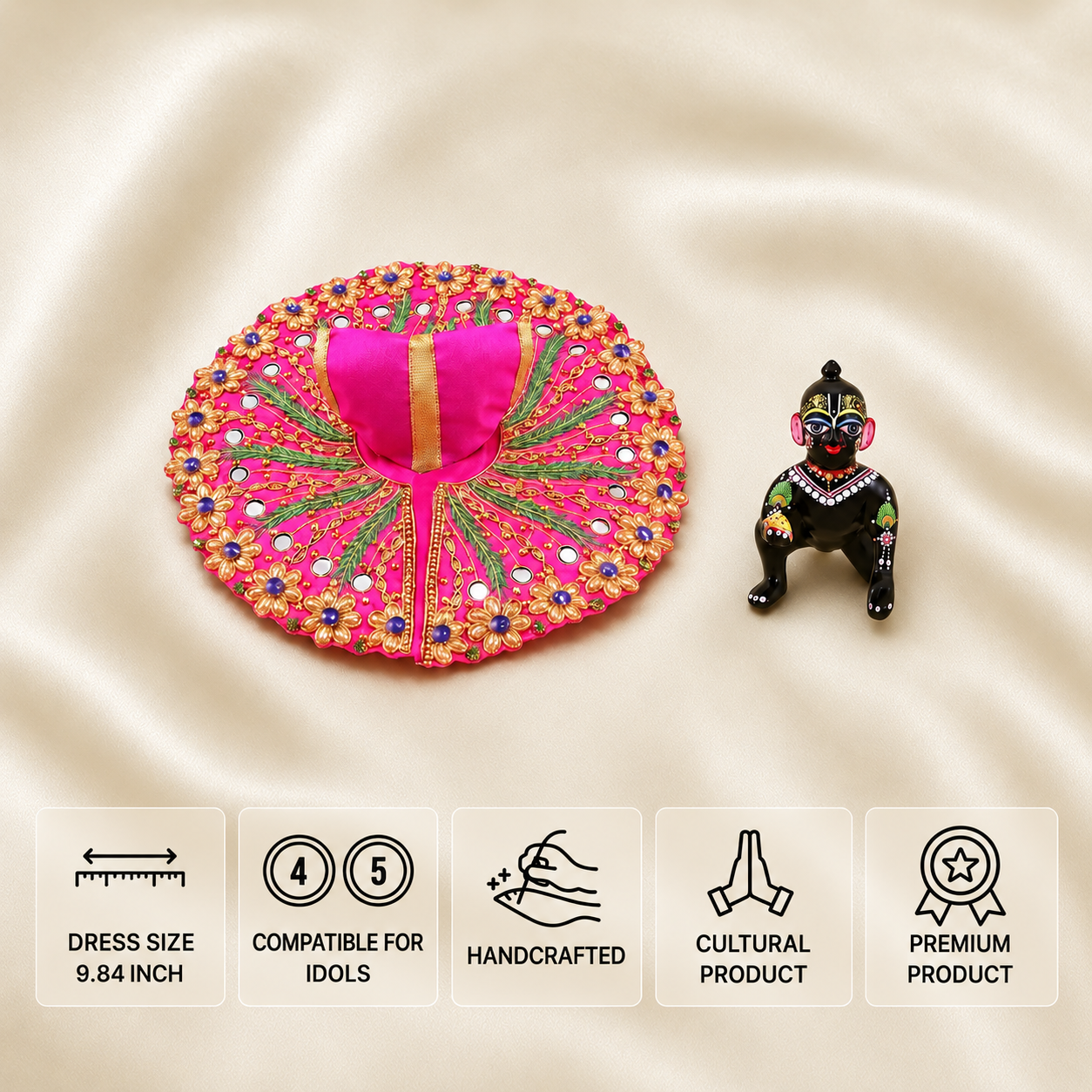 Rani pink Laddu Gopal dress for 4 and 5 number idols with mirror work, floral embroidery and golden detailing.
