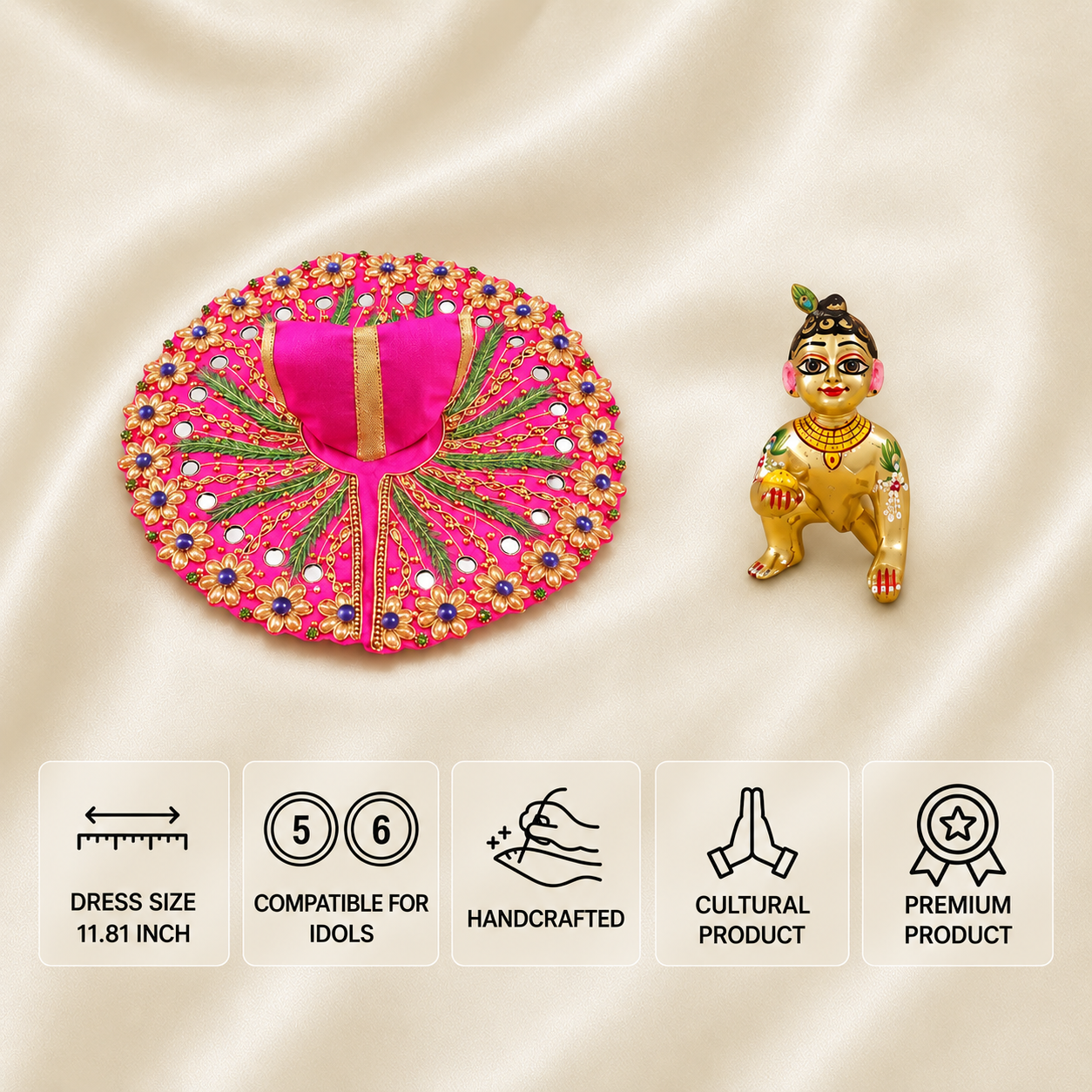 Rani pink Laddu Gopal dress for 5 and 6 number idols with mirror work, floral embroidery and painted idol.