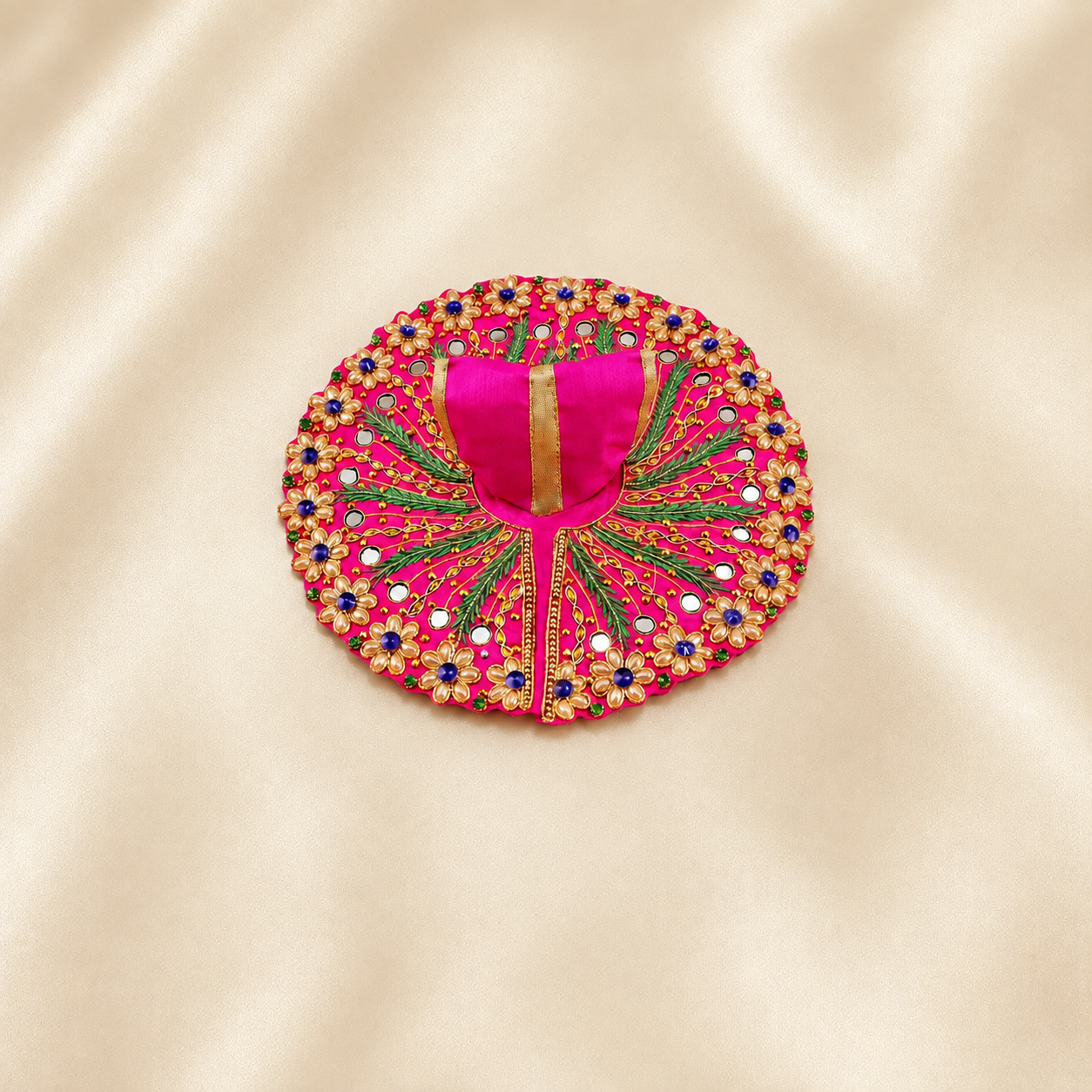 Rani pink Laddu Gopal dress with mirror, floral and green thread work