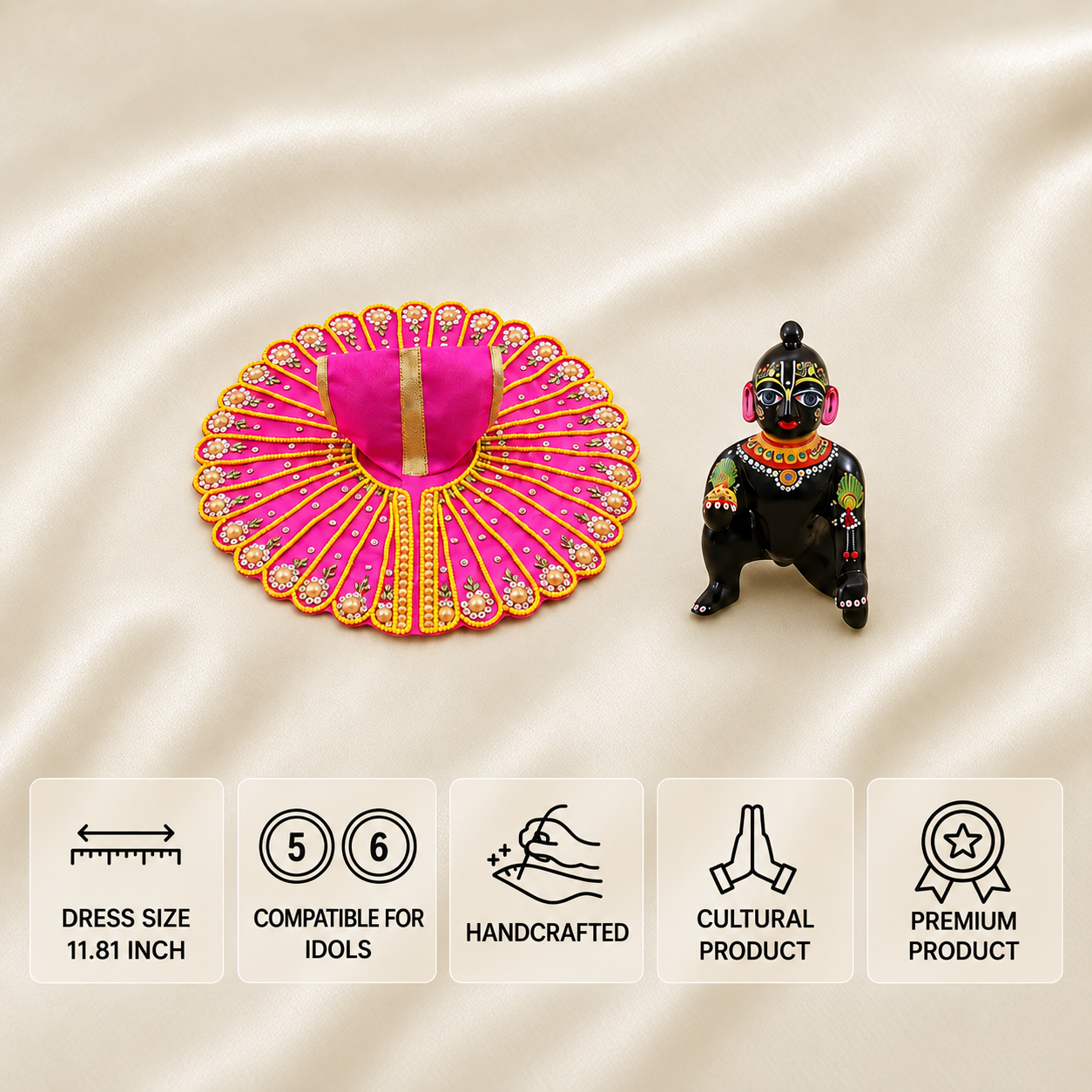 Rani pink Laddu Gopal dress for 5 and 6 number idols with pearl floral work and golden border.